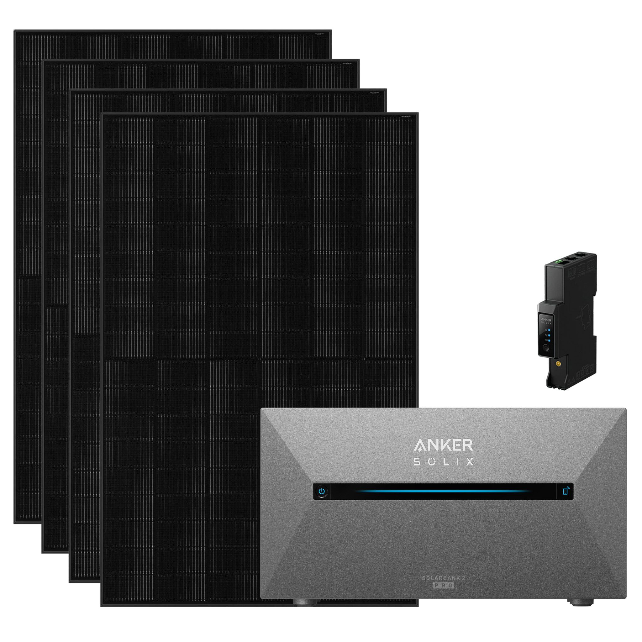 Anker Balkonkraftwerk Solix 1820W Photovoltaikanlage Komplettset mit Solarbank E1600 2 Pro, 1820 W, N typ Glas-Glas, Vollschwarz, (Set, 4-St., 4 Solarmodule+1 Anker Solix 2 Pro+0/1 Smarte Meter +0/1/2 BP1600), integriertem Wechselrichter, Wifi, Bluetooth, IP67