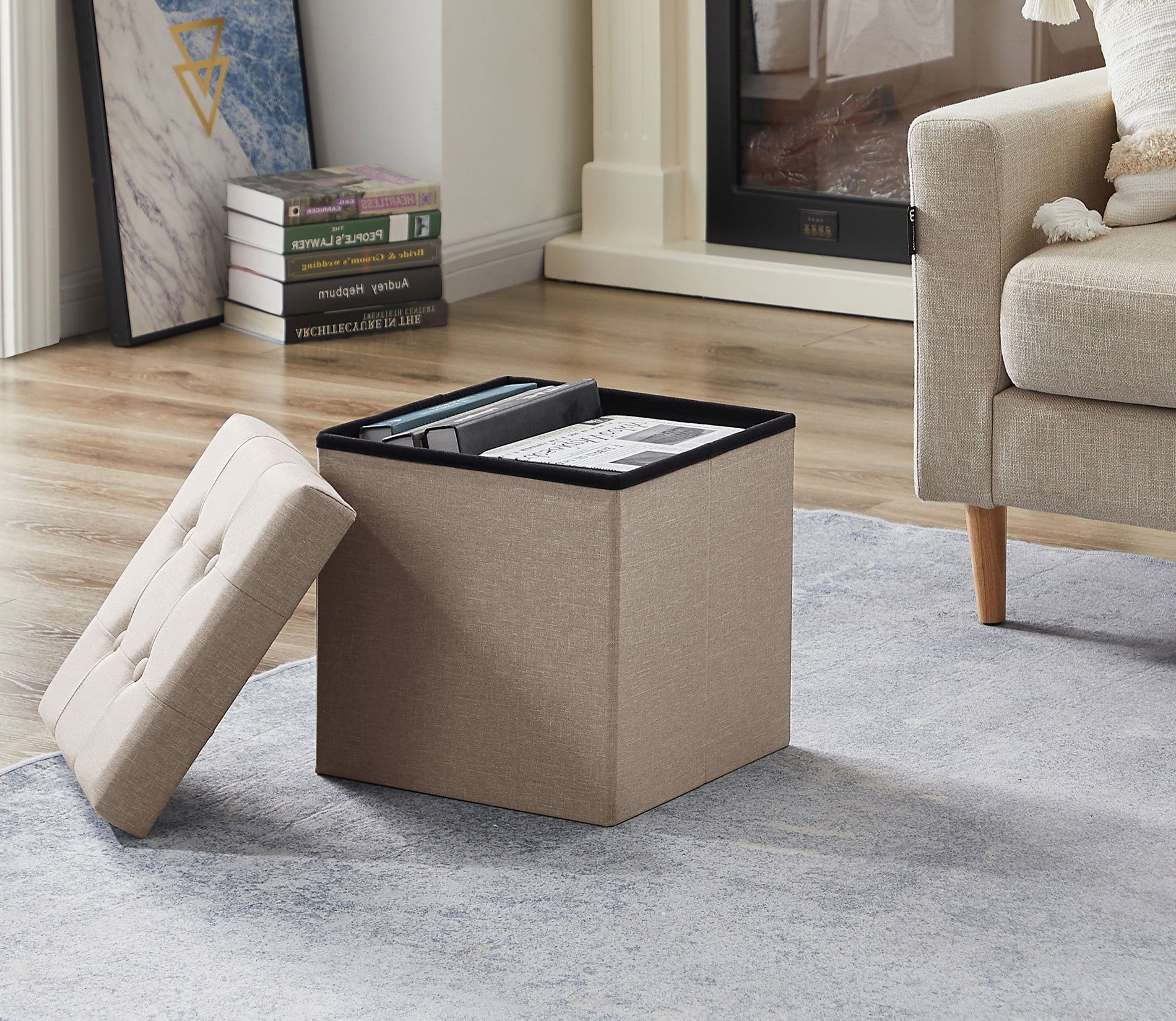 Zedelmaier Sitzbank mit Stauraum Fußbank klappbare Aufbewahrungsbox aus Leinen, belastbar bis 300 kg, als Fußbank, Nachttisch oder Sitzwürfel