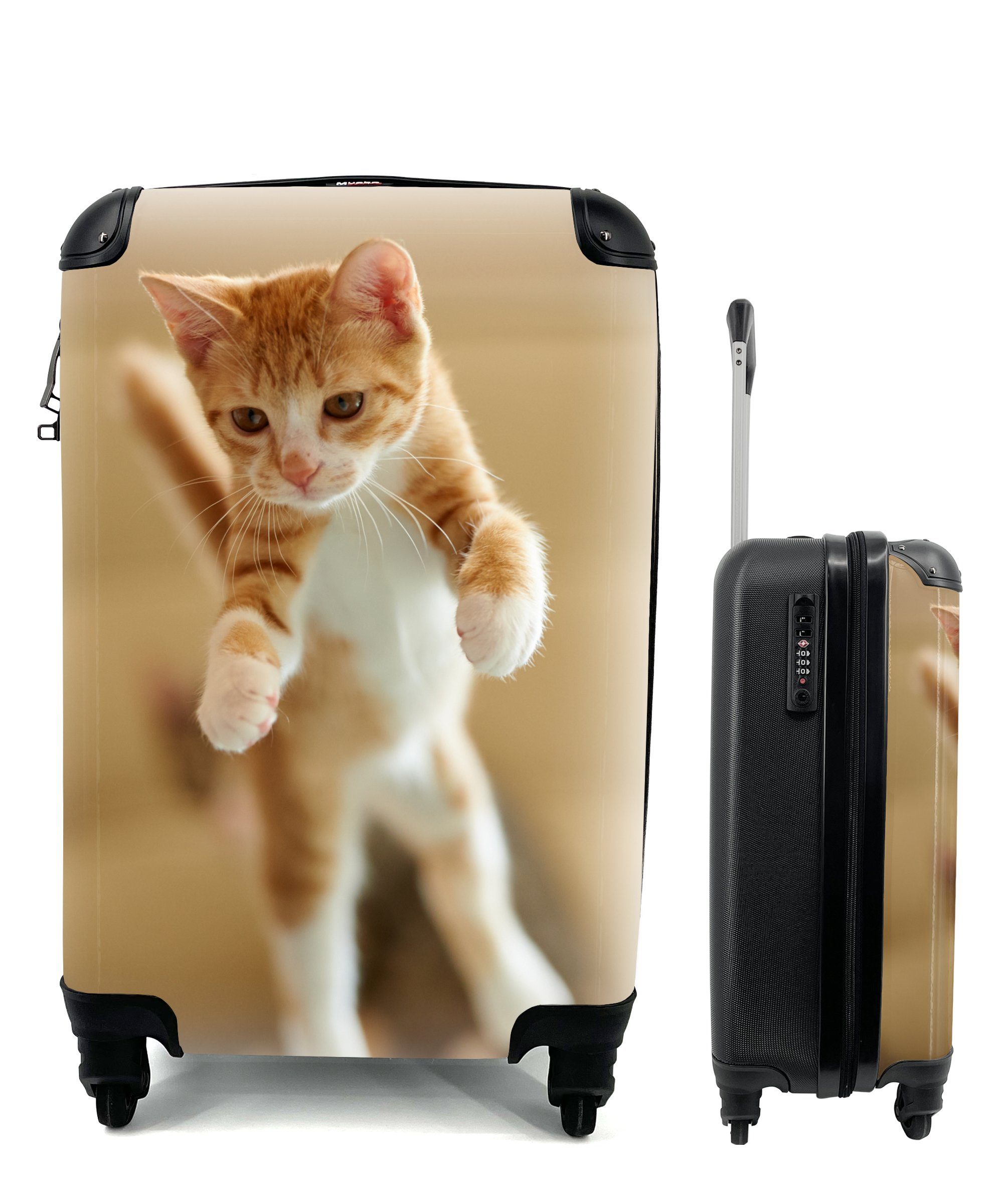MuchoWow Handgepäckkoffer Eine Nahaufnahme rollen, mit eines Ferien, Kätzchens, Reisetasche für Handgepäck springenden 4 Trolley, Reisekoffer Rollen