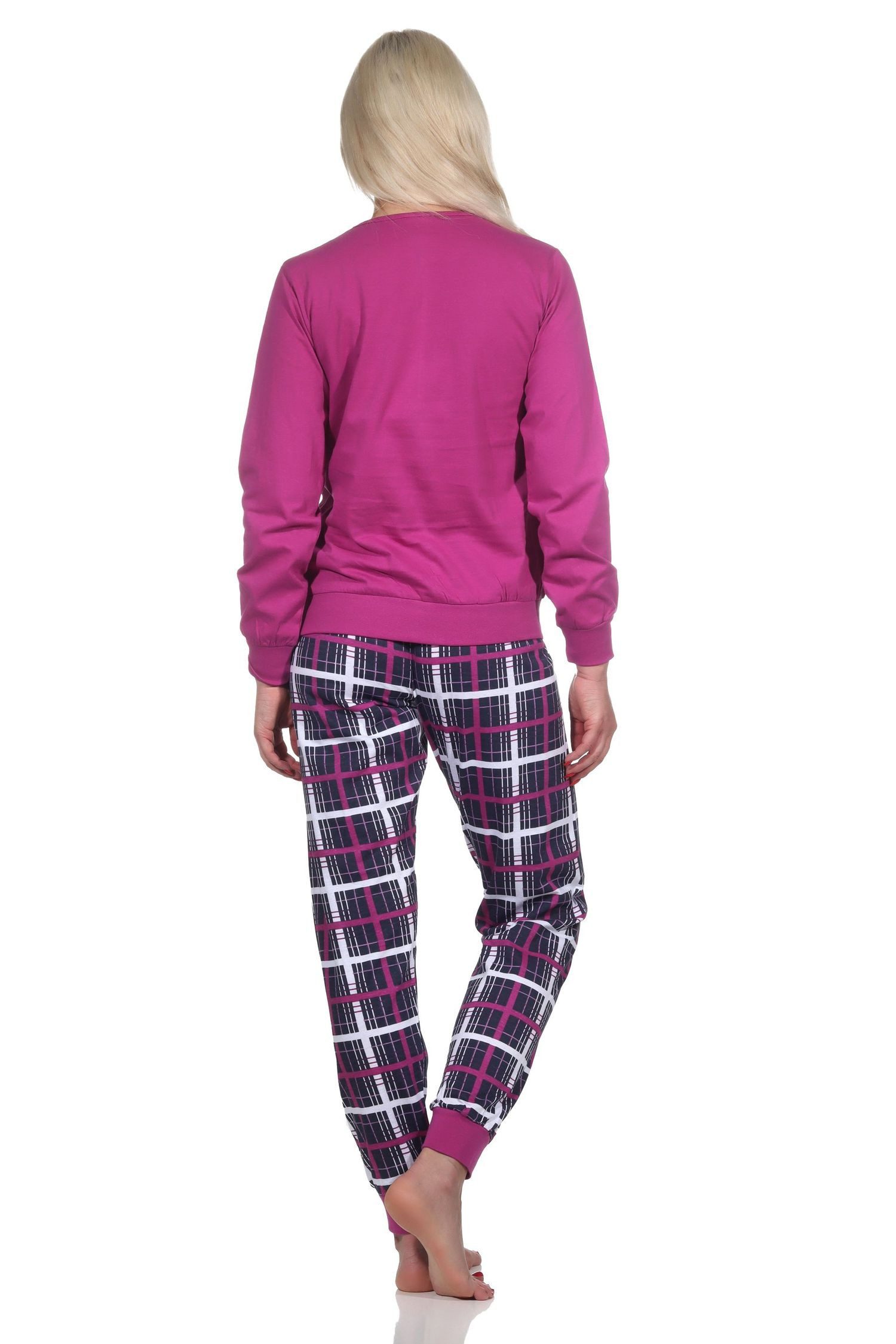 Normann Pyjama Normann Damen Schlafanzug mit Bündchen mit karierter Jersey Hose – Bild 3 von 4