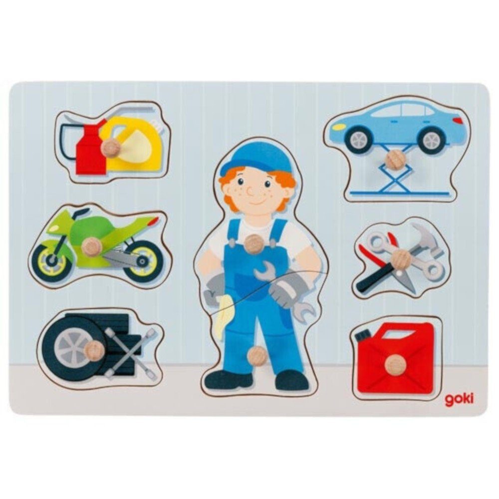 goki Steckpuzzle Holz Steckpuzzle Automechaniker 8tlg. Holzpuzzle Puzzle 57407, 8 Puzzleteile, Mit extra großen Teilen