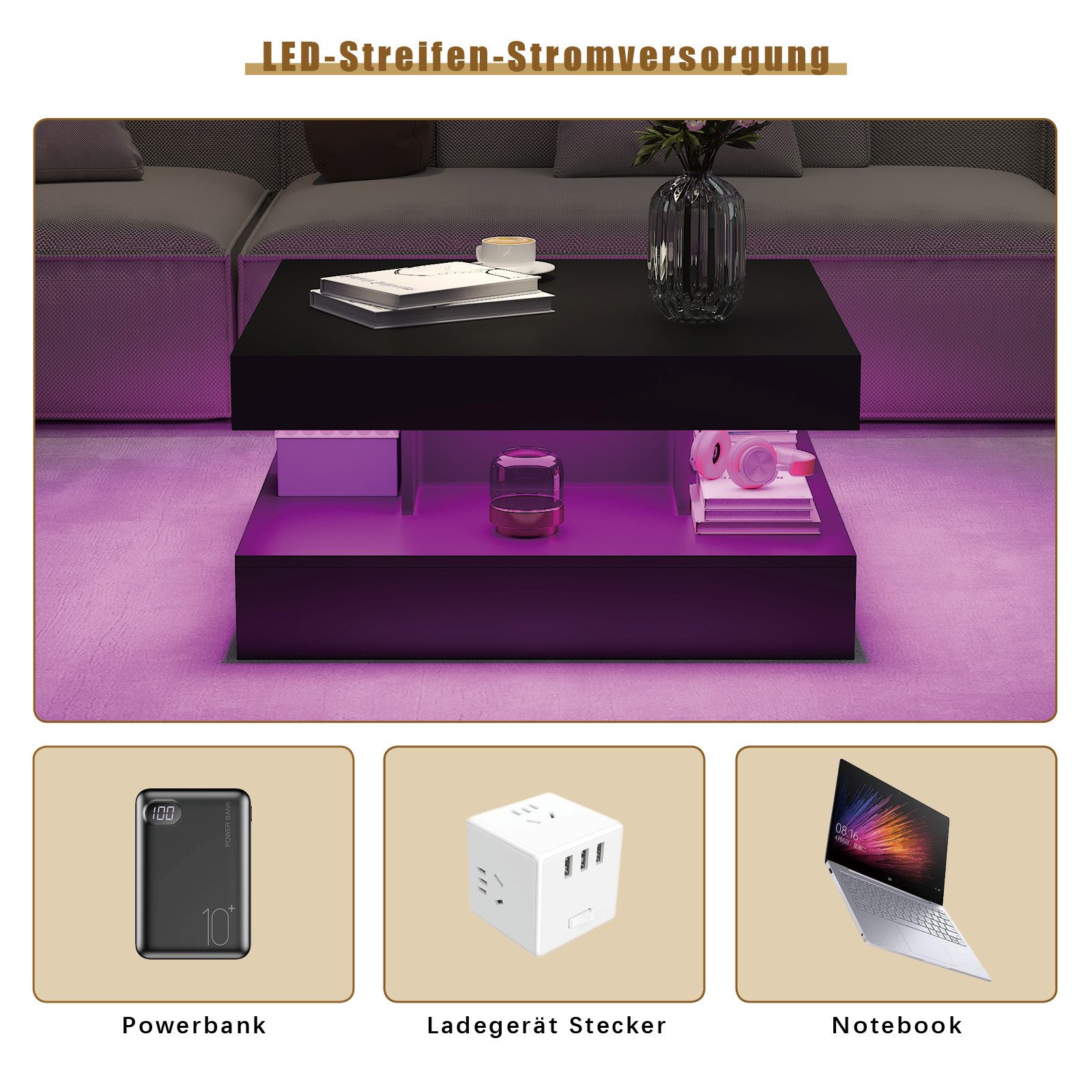 radelldar Couchtisch Quadratisch LED-Beleuchtung 2-in-1 (1-St), Moderner Wohnzimmertisch 78x78 cm mit Fernbedienung – Bild 5 von 5