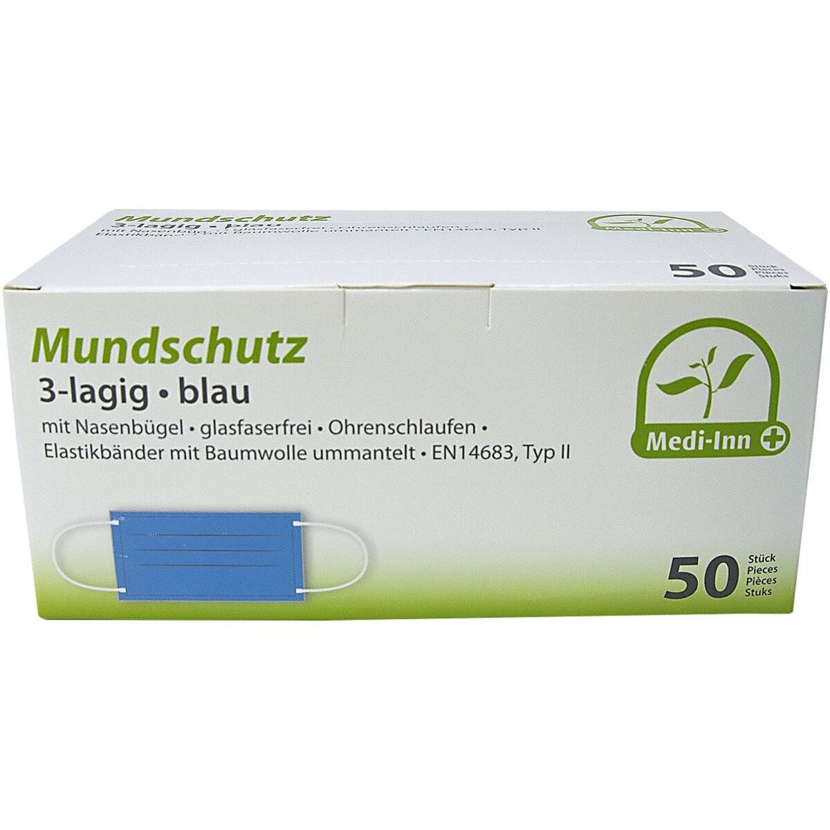 Medi-Inn Medizinischer Mund-Nasen-Schutz Mundschutz 3-lagig blau, 50-St., 3-lagig, mit Metallnasenbügel