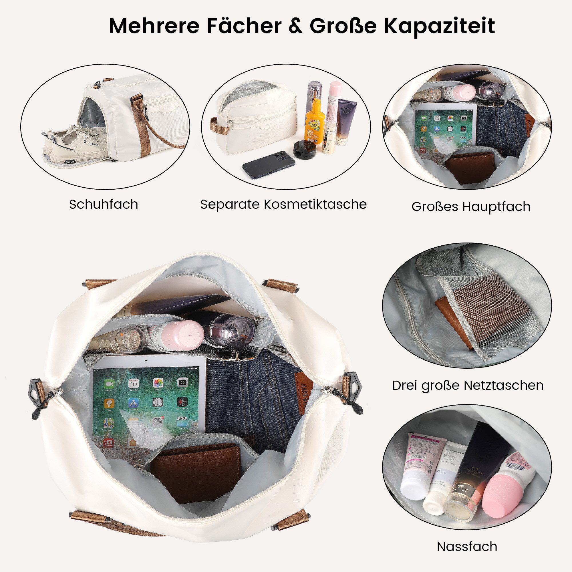 TANTOMI Reisetasche Reisetasche Damen Herren 44.5x20x28, Handgepäck Tasche Flugzeug, Sporttasche, Travel Bag mit Schuhfach und Kulturbeutel