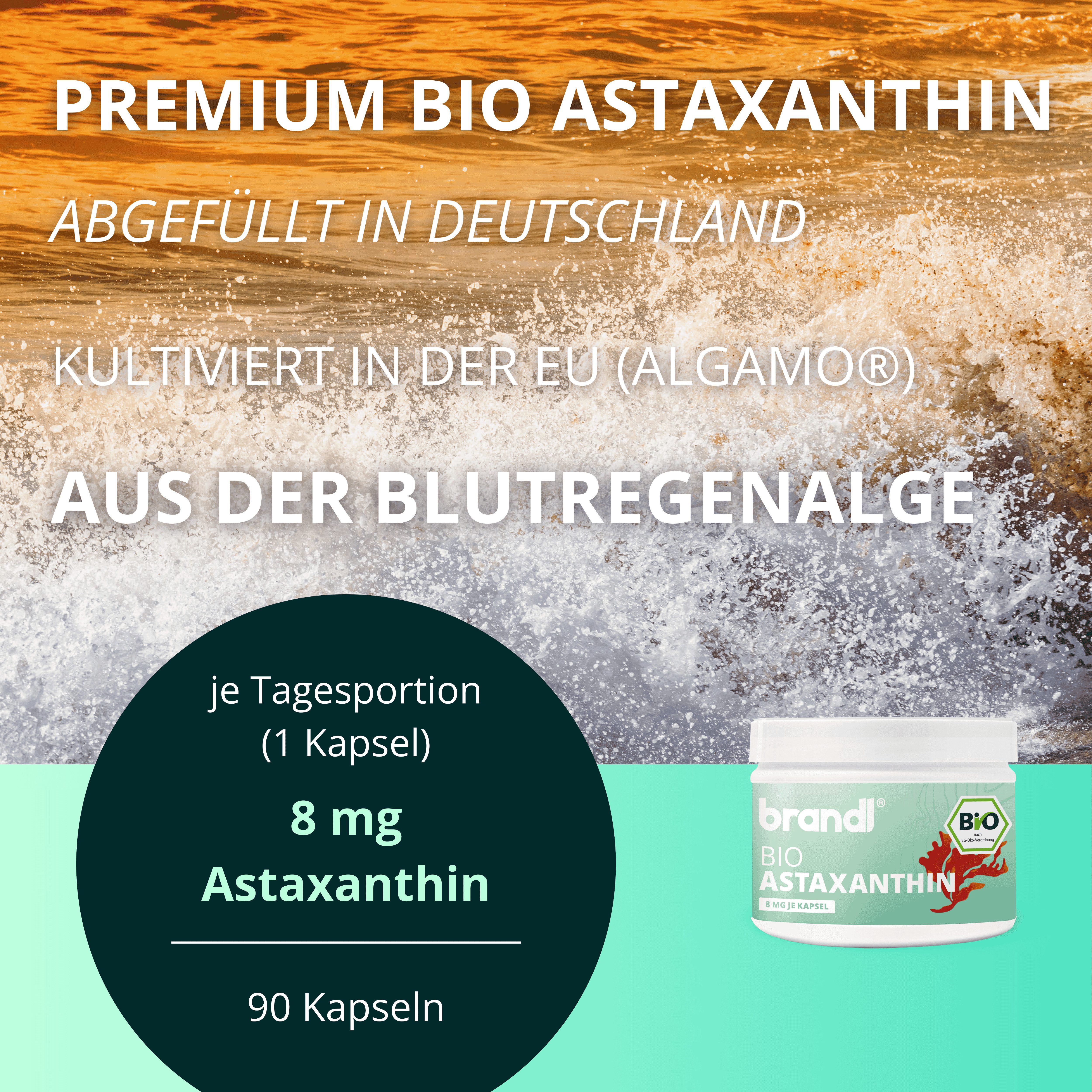 Brandl Nutrition Astaxanthin hochdosiert Bio Kapseln mit Antioxidantien - 8mg je Kapsel Kapseln, 90 St., Ohne Zusatzstoffe, abgefüllt in Deutschland, Premium-Qualität