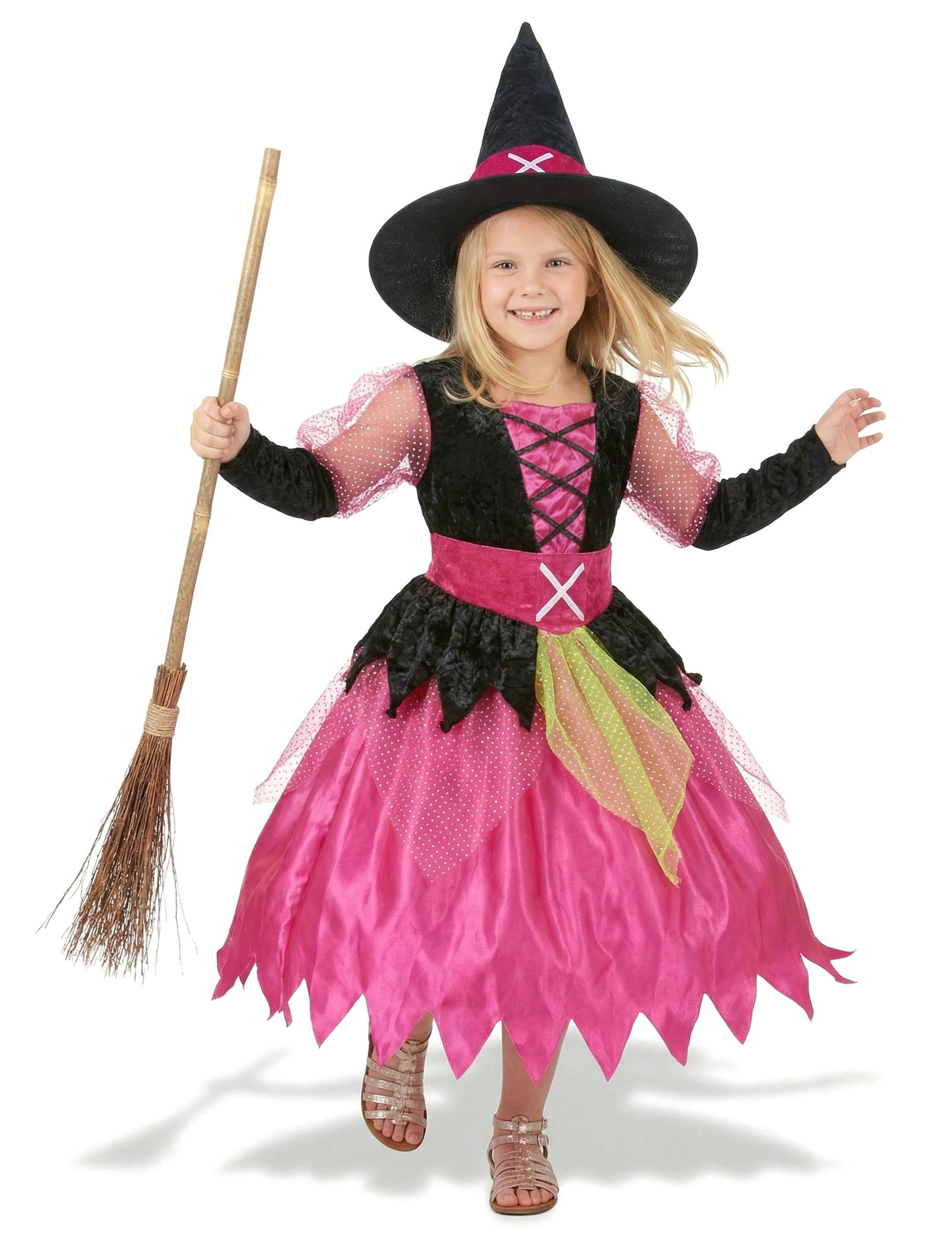 JADEO Kostüm kleine Hexe Mädchen Halloween-Kostüm pink-schwarz-grün