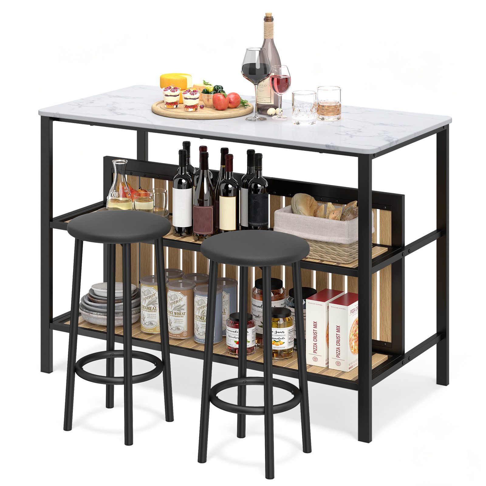 COSTWAY Arbeitstisch Bartisch Set, 3-teilige Essgruppe in edler Marmoroptik