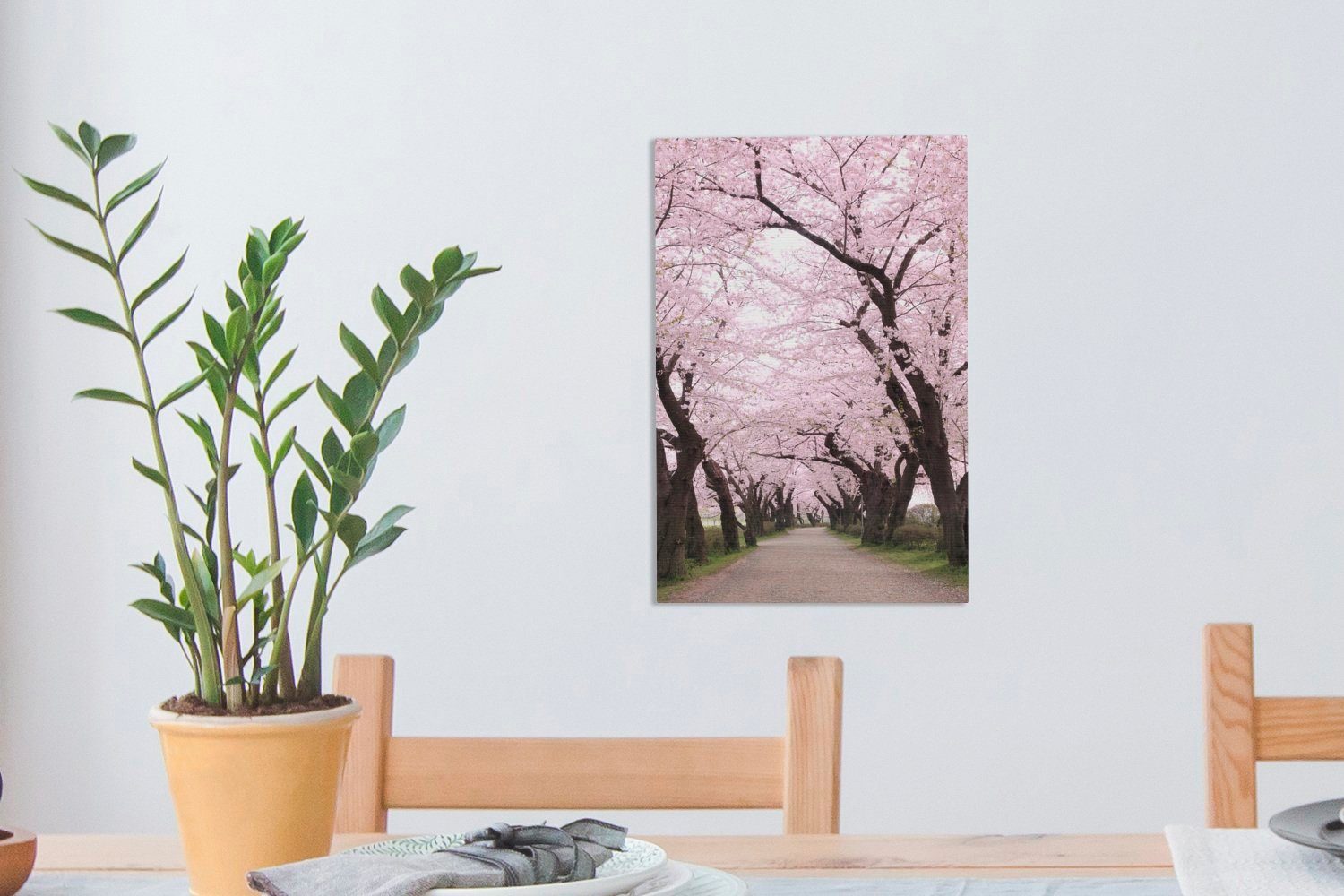 OneMillionCanvasses® Leinwandbild Kirschblüte Zackenaufhänger, Leinwandbild am 20x30 (1 Straßenrand, inkl. Gemälde, bespannt fertig St), cm