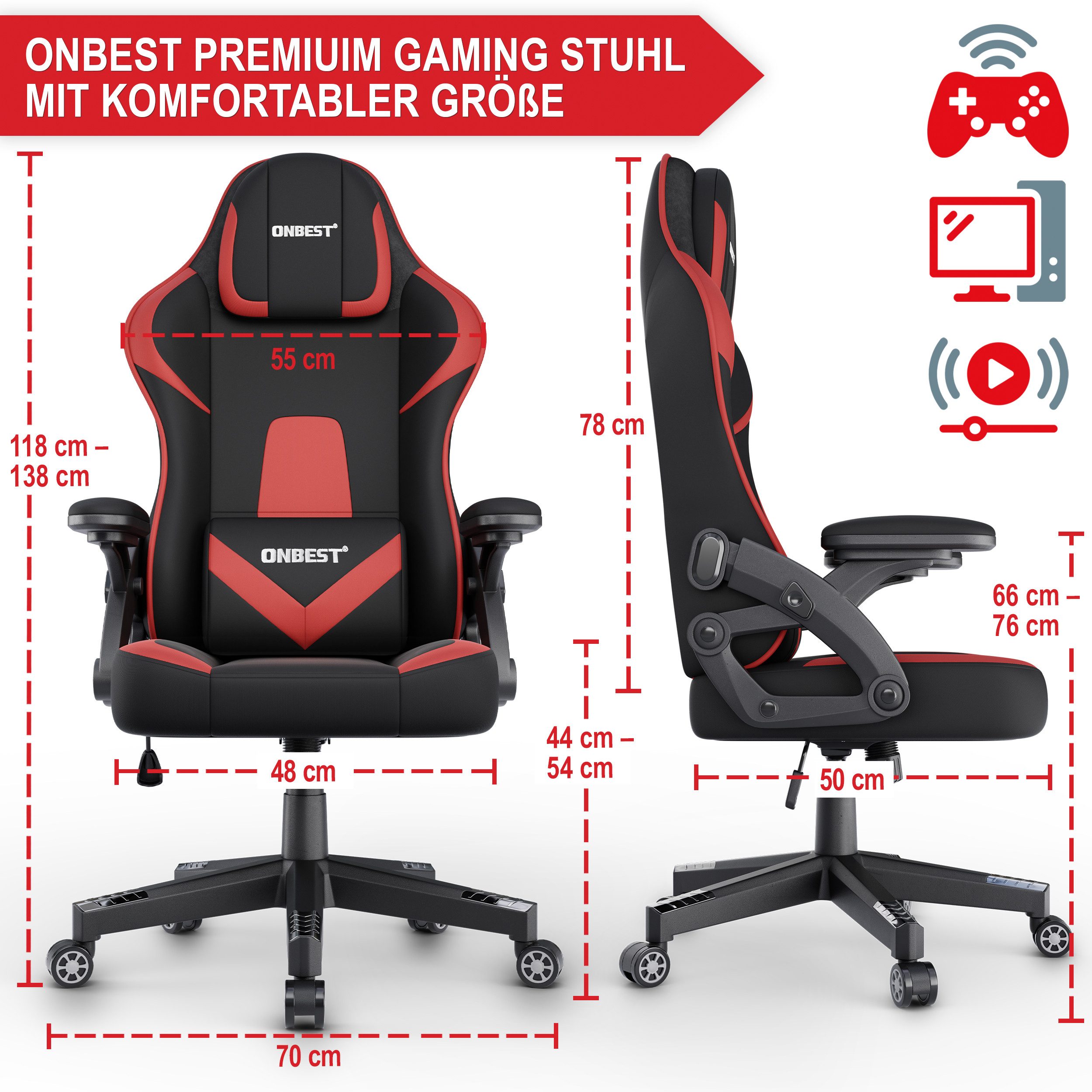 Onbest Gaming-Stuhl ergonomisch mit Lordosenkissen bis 150kg, 360°, verstel günstig online kaufen