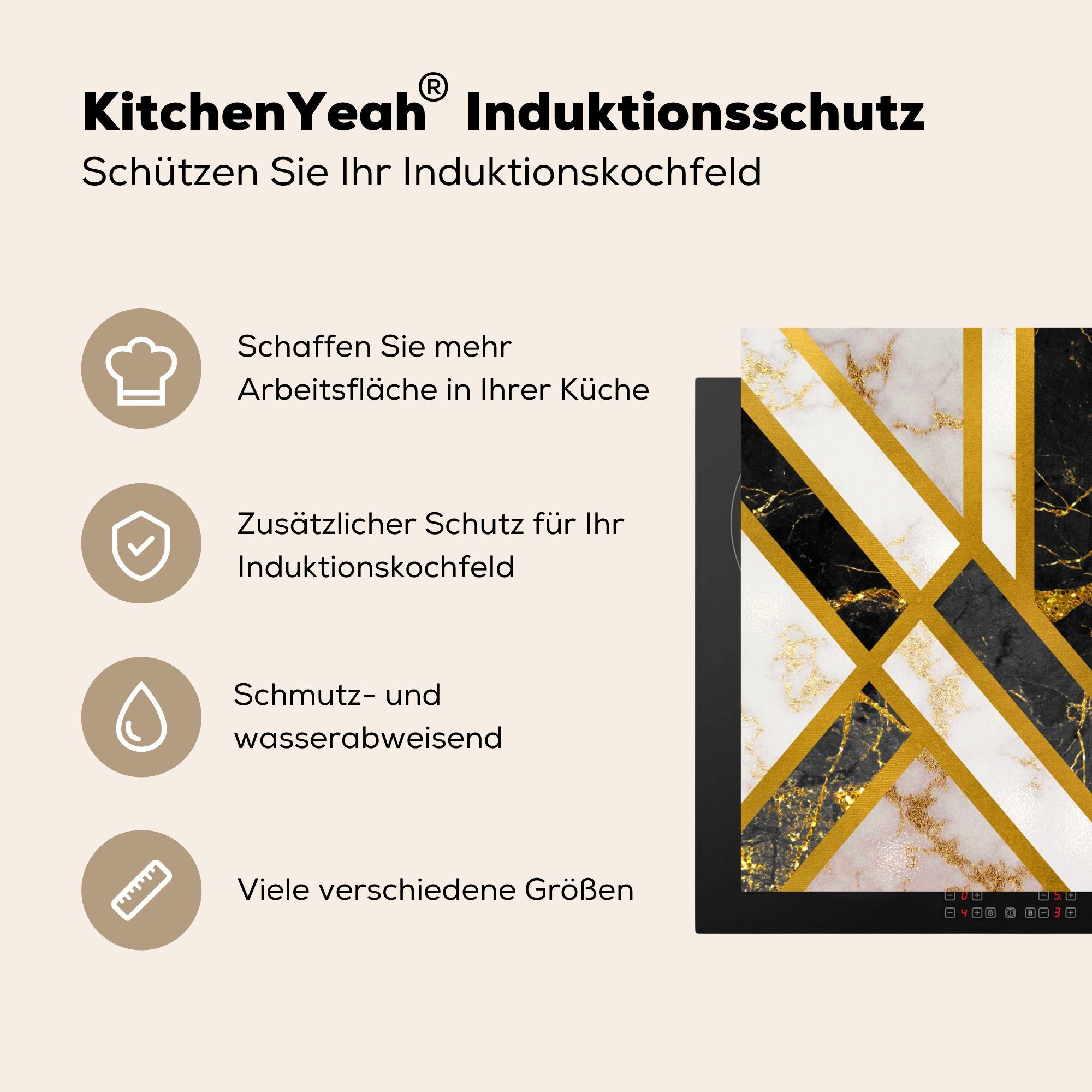 Luxus, Induktionskochfeld Marmor die für - cm, 71x52 Ceranfeldabdeckung (1 - Schutz MuchoWow küche, Gold Vinyl, Herdblende-/Abdeckplatte tlg),