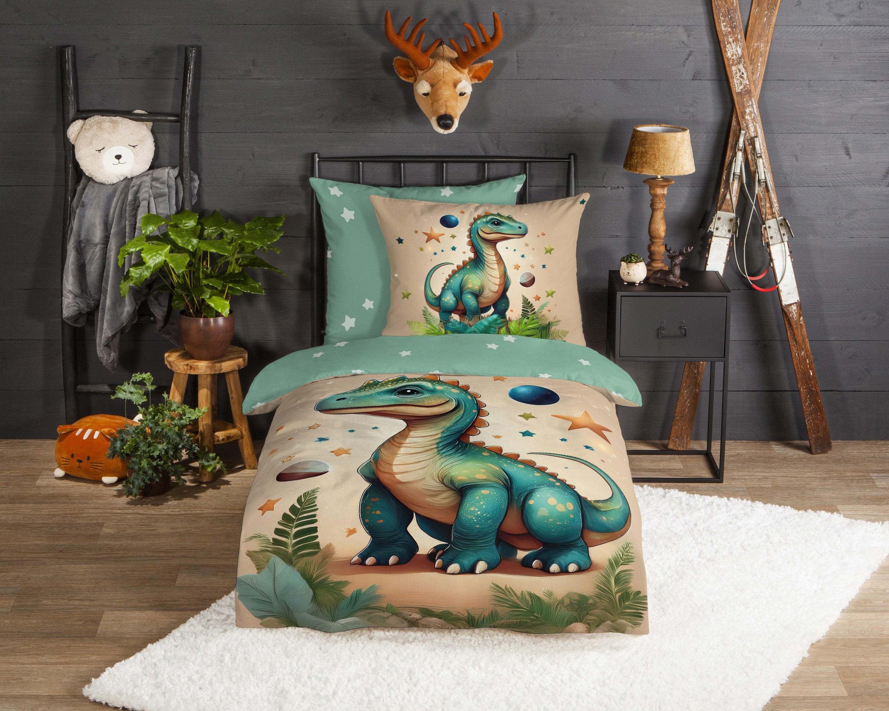 good morning Kinderbettwäsche Milo, Biber, Flanell, 2 teilig, Flanell Biber, 135x200, Warm, Reißverschluss, Wende, Kind, Junge, Dino