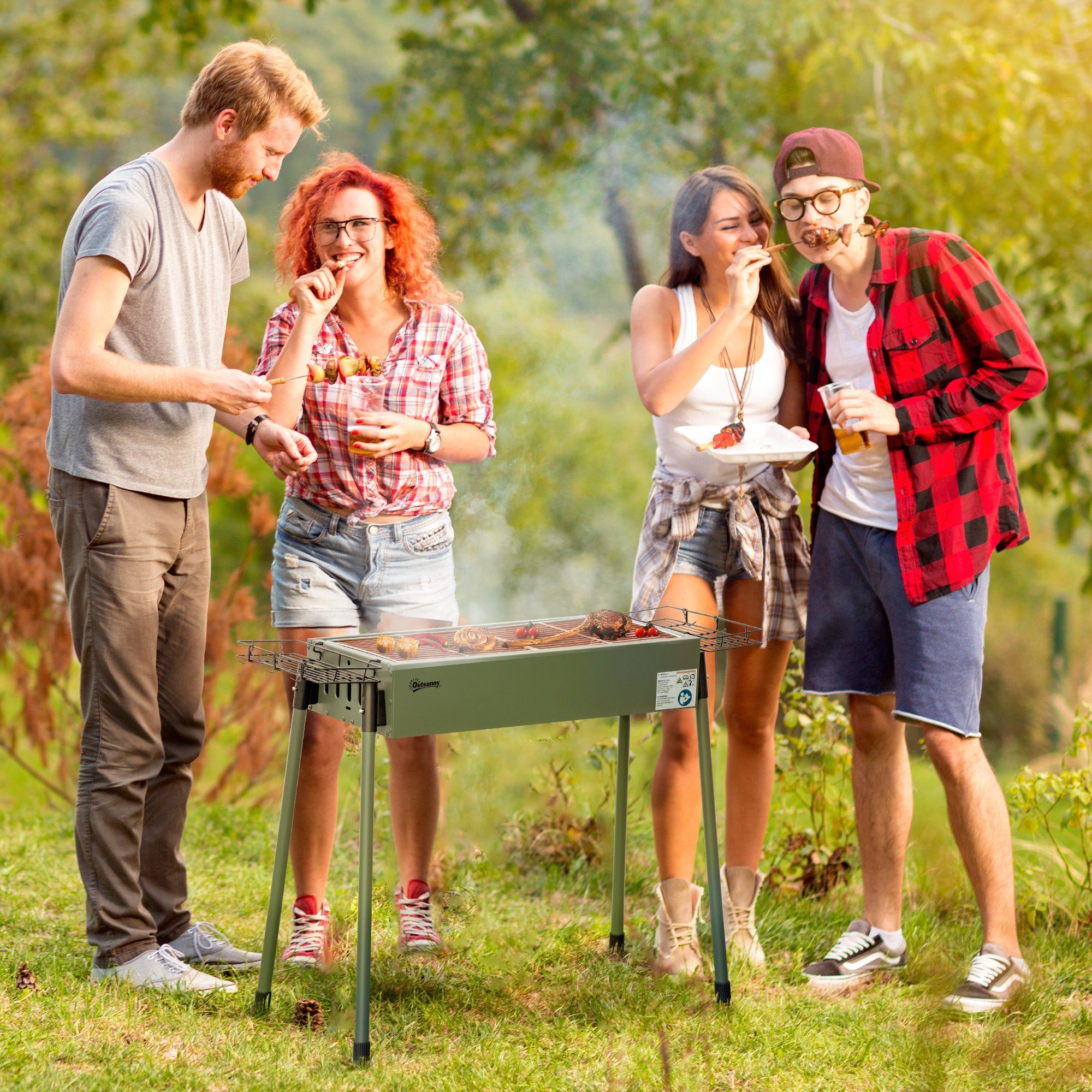 Outsunny Holzkohlegrill Anti-Rutsches Campinggrill mit Grillrost, BBQ Smoker mit Grillrost, Holzkohle Grill, Abnehmbare Beine für einfachen Transport