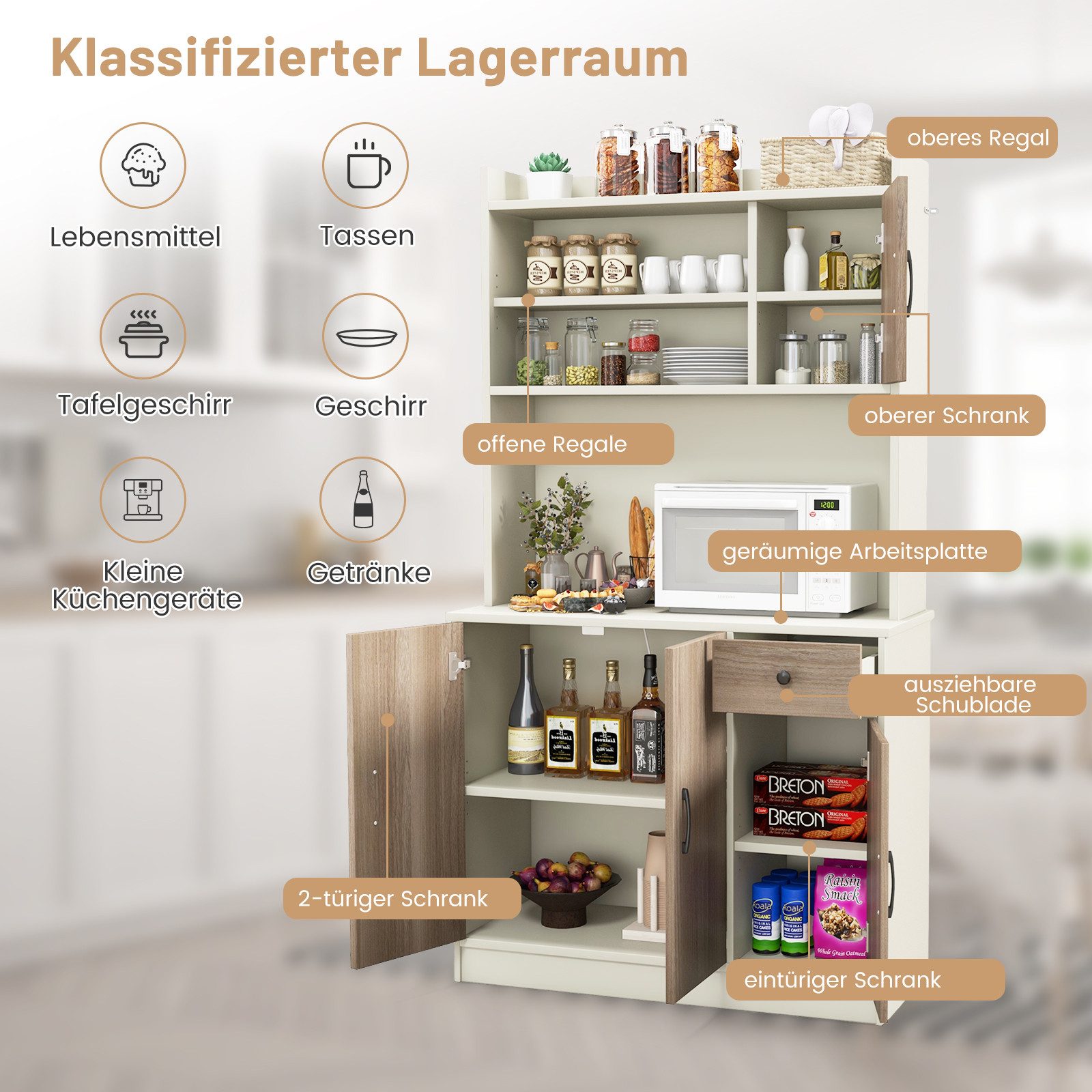 KOMFOTTEU Küchenbuffet Küchenschrank mit 4 Türen, Schublade & offenen Ablagen