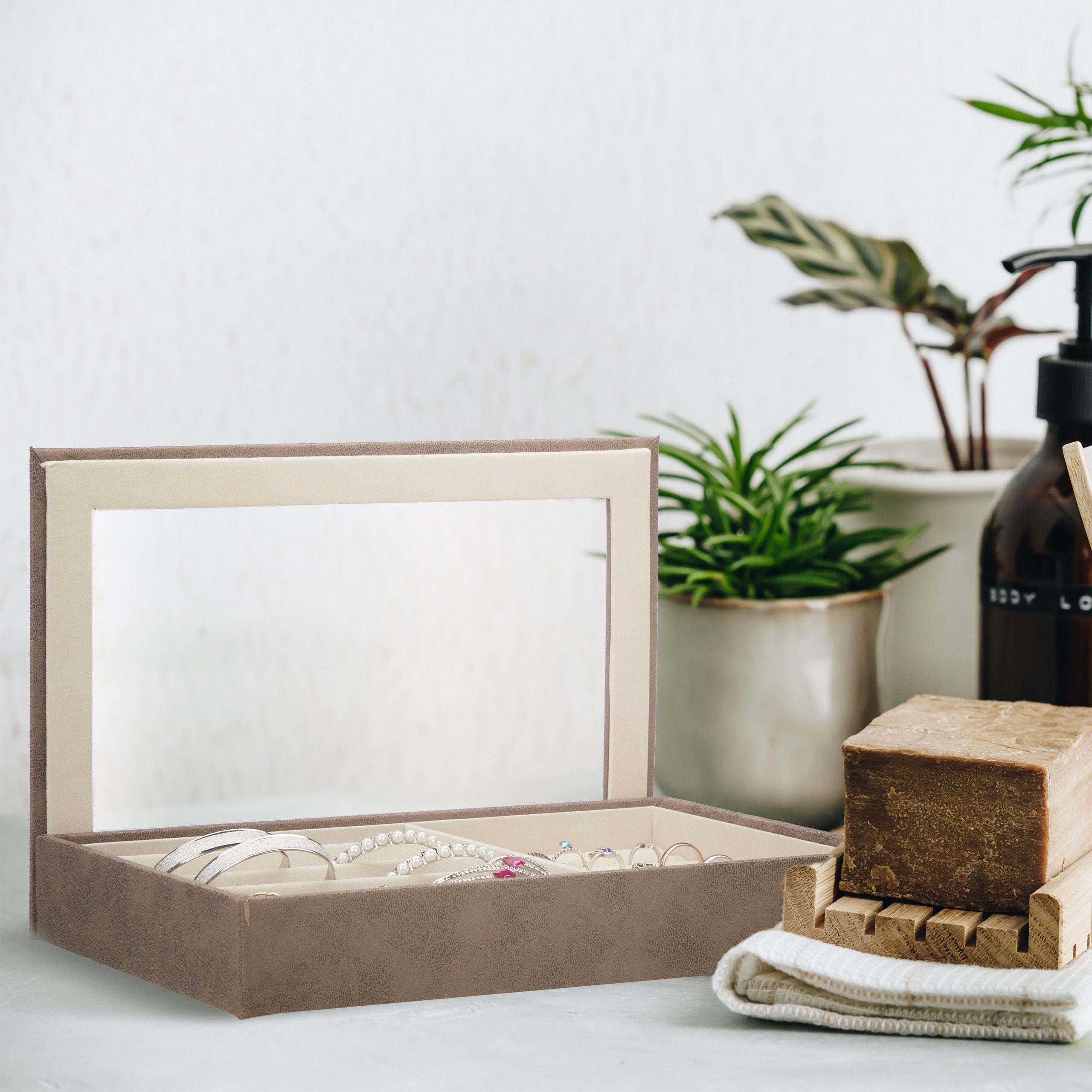 relaxdays Schmuckkasten Schmuckkästchen mit Sichtfenster, Braun günstig online kaufen