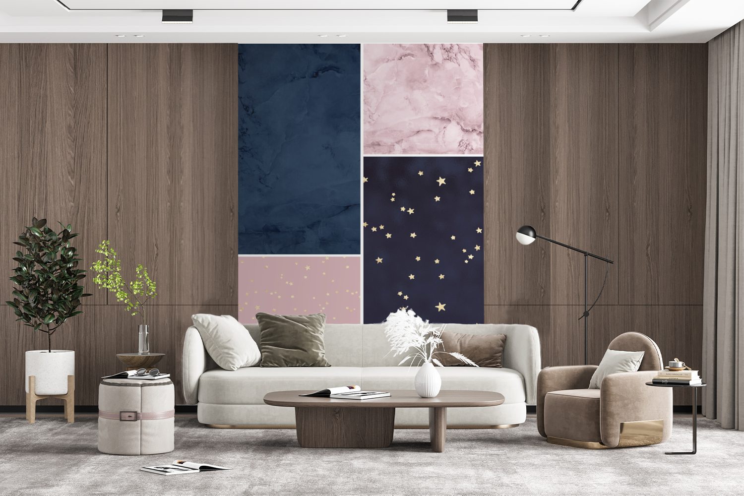 Wandtapete Montagefertig bedruckt, Wohnzimmer, Collage, (3 St), - Fototapete Matt, für Sterne Marmor Tapete - Vinyl MuchoWow
