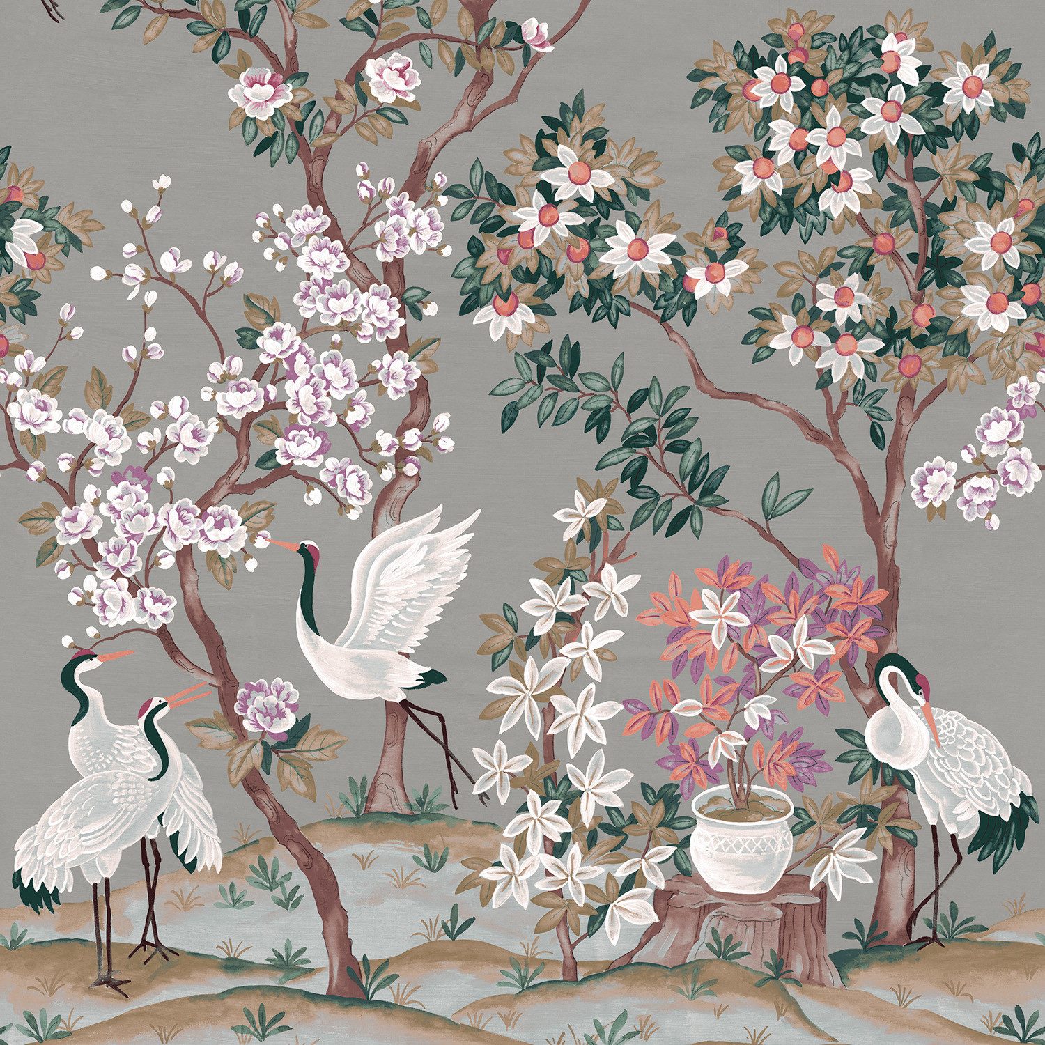 Rasch Fototapete mit Kranichen und Blumen in Grau - 2,80m x 1,59m - Noble Zen, strukturiert, asiatisch, botanisch, (1 St), Kirschblüten