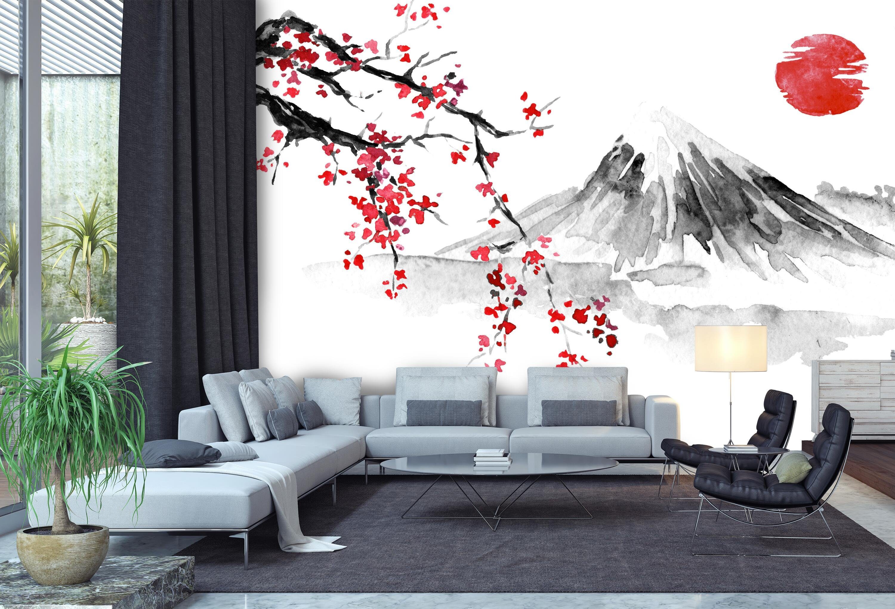 wandmotiv24 Fototapete Japanischer Stil Landschaftszeichnung, matt, Motivtapete, Vliestapete glatt, Wandtapete