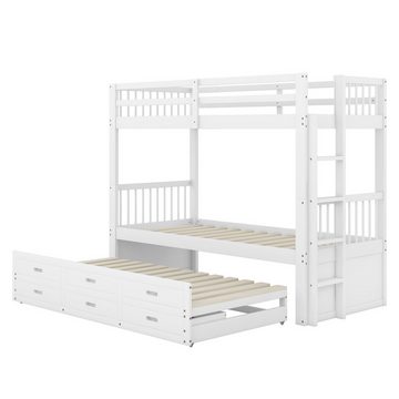 Welikera Kinderbett 90x200cm,Etagenbett mit Leiter und ausziehbarem Bett und 3 Schubladen, Bettgestell aus Kiefer und MDF,Kinderbett,Hausbett,Weiß