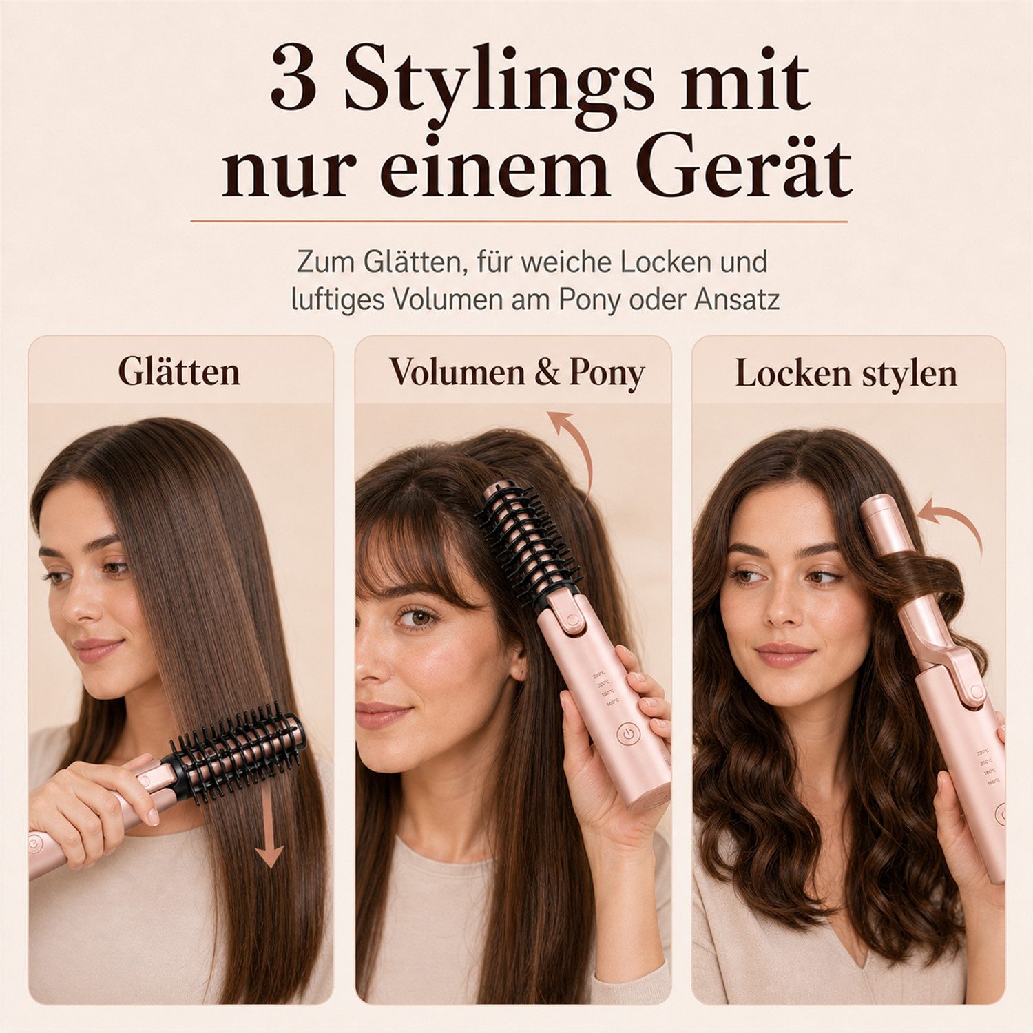 Futicare Lockenstab kabellos, multifunktionaler Haarstyler & Mini-Lockenbürste, 7000-mAh-Akku, USB-C-aufladbar, negative Ionen, 4 Temperaturstufen 160–220 °C, ideal für Reisen, Nude-Rosé