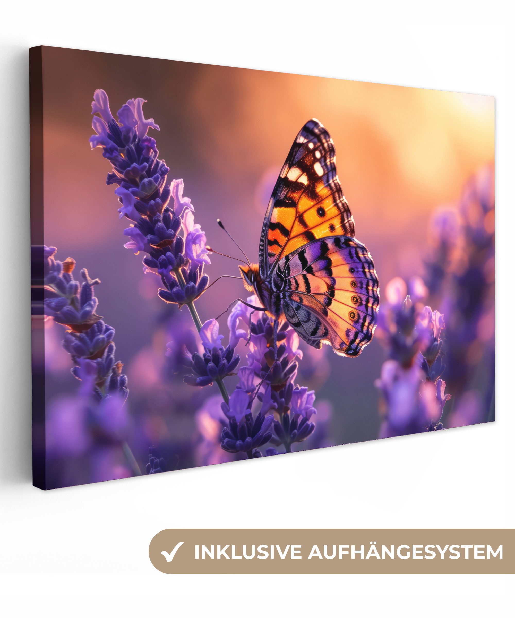 OneMillionCanvasses® Leinwandbild Blumen - Schmetterling - Lavendel - Blume - Natur, Lila - Schmetterling (1 St), Leinwand Bilder Klein, Wand Dekoration 30x20 cm