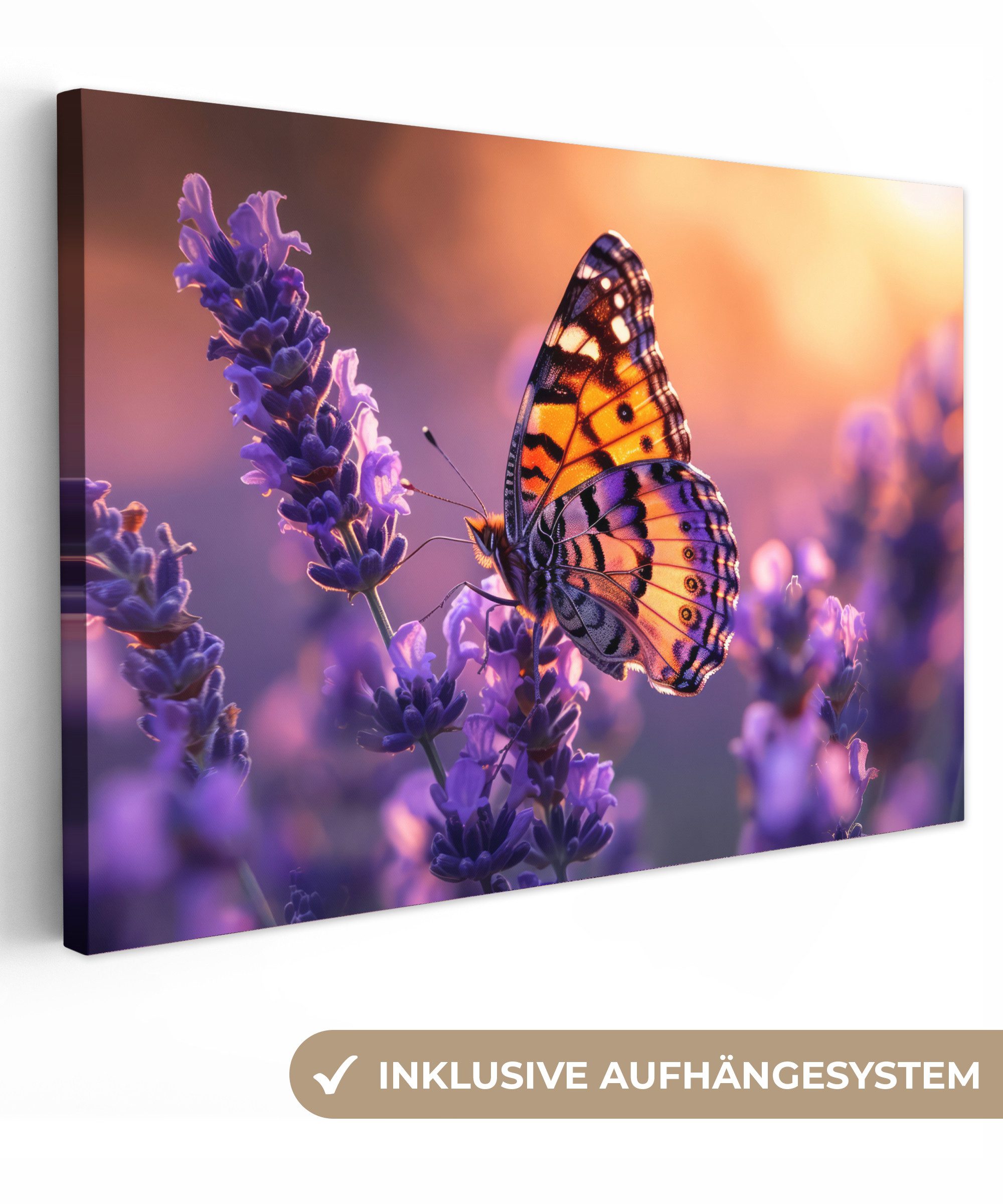OneMillionCanvasses® Leinwandbild Blumen - Schmetterling - Lavendel - Blume - Natur, Fotodruck (1 St), Leinwand Bilder Klein, Wand Dekoration Aesthetic 30x20 cm
