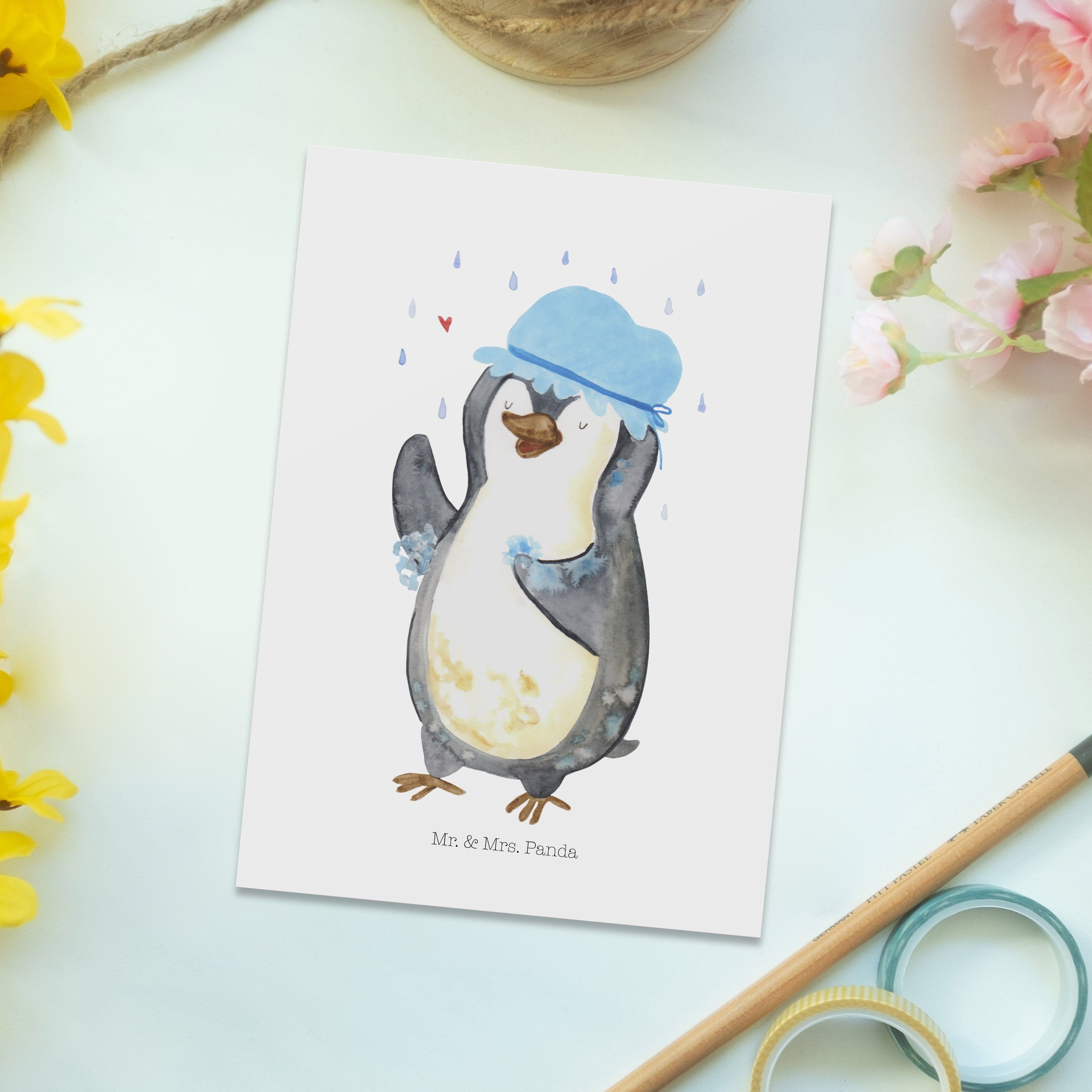duscht Pinguin Geschenkkarte, Mr. Panda - Postkarte Geschenk, Weiß Mrs. Motivation, Karte, A & -