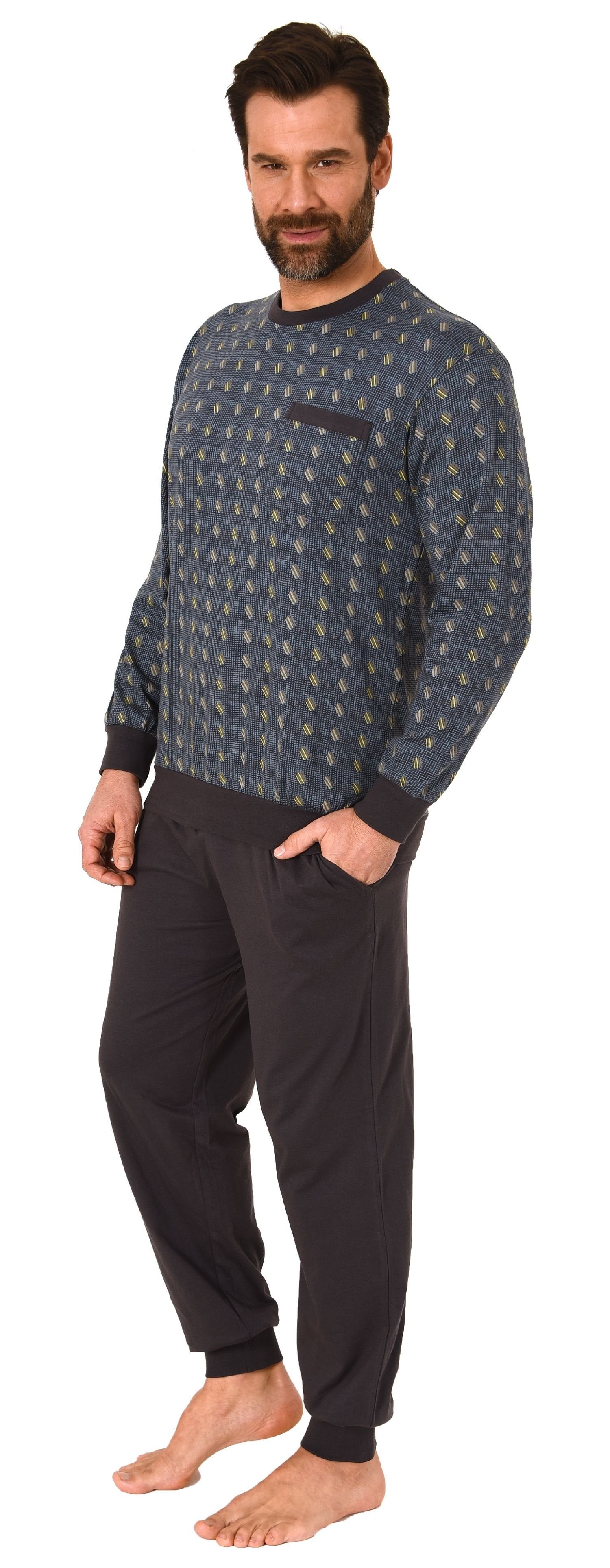 Normann Pyjama Herren langarm Schlafanzug mit Bündchen in Minimalprint Optik