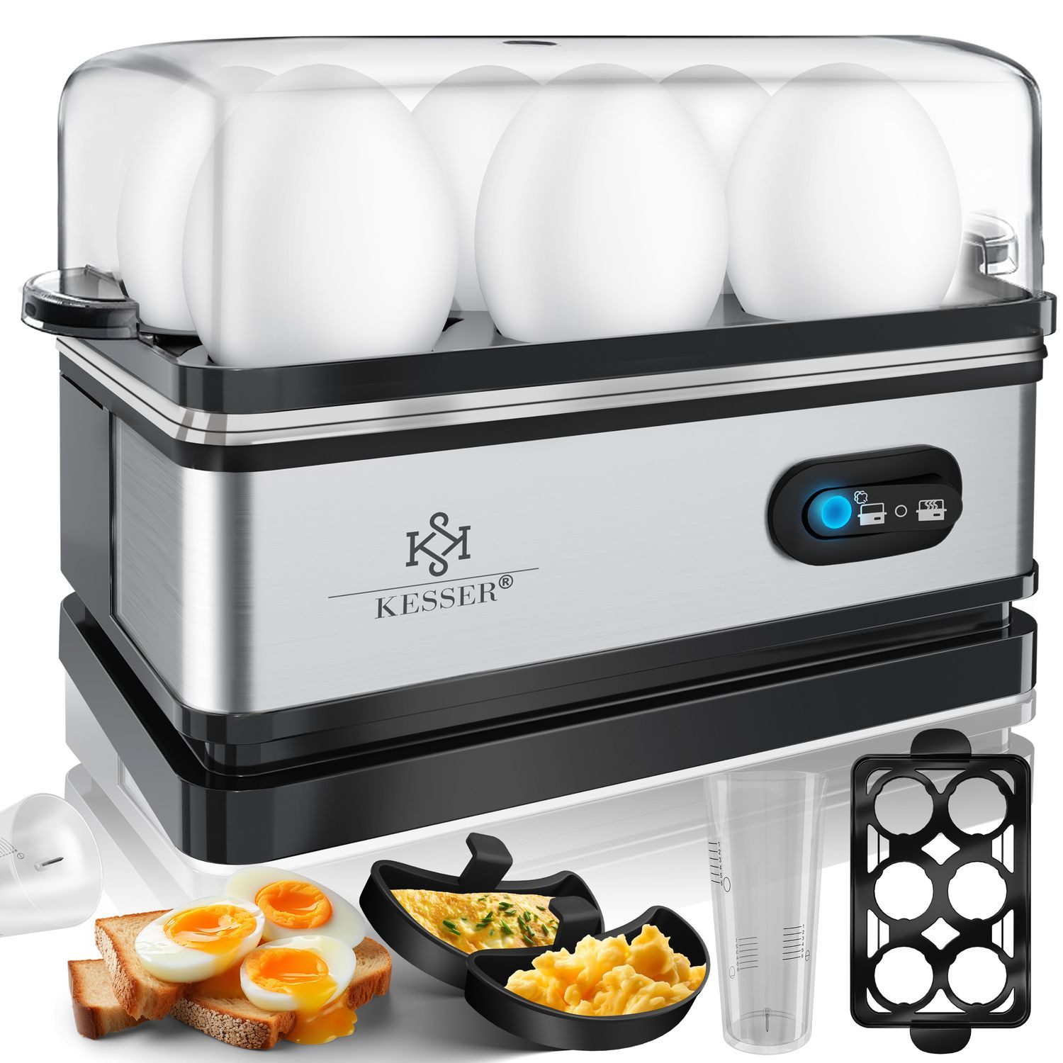 KESSER Eierkocher, für 1 bis 6 Eier elektrisch aus Edelstahl 400W & Warmhaltefunktion