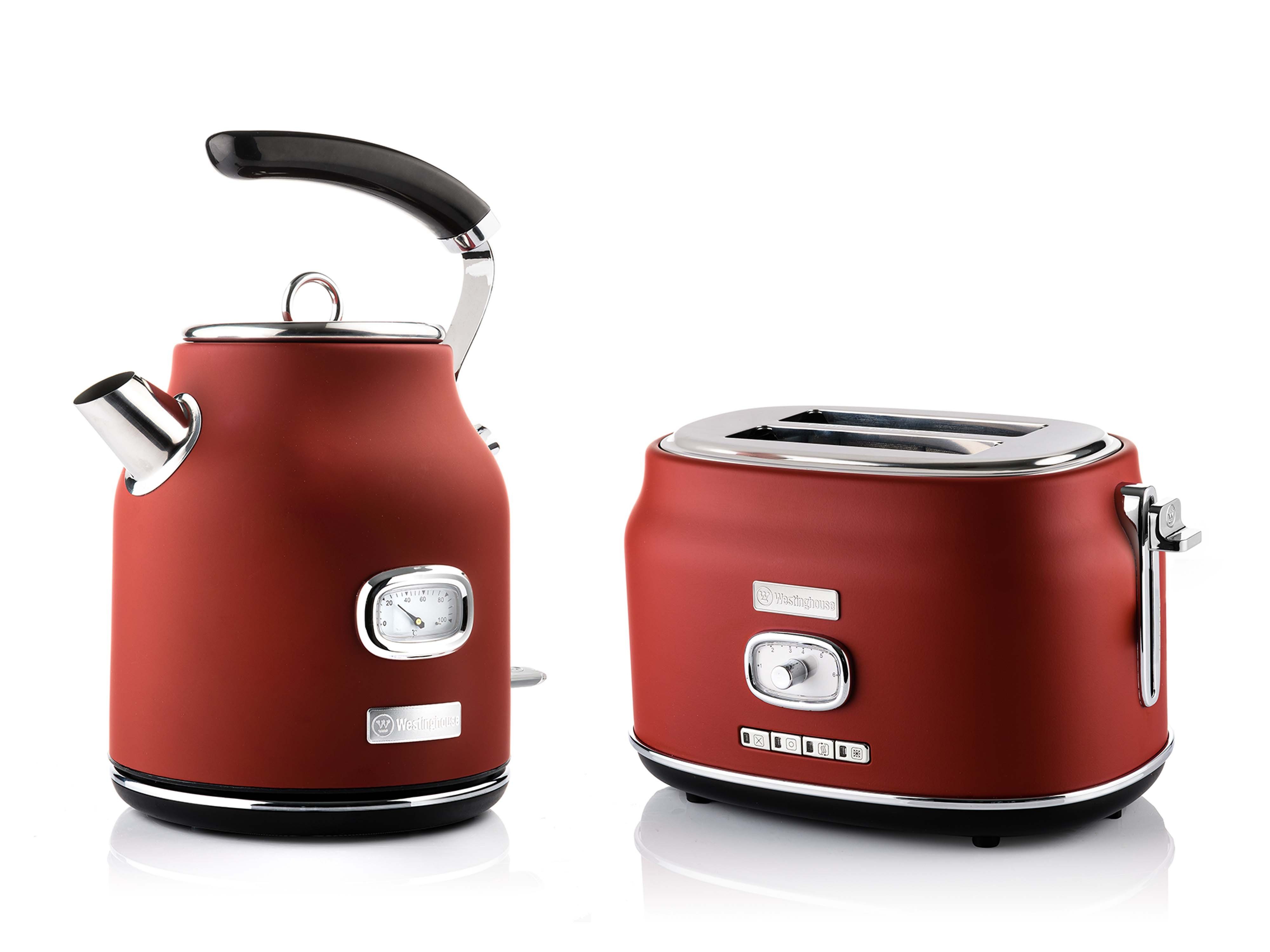 Westinghouse Toaster Retro Früstücksset, 2 kurze Schlitze, für 2 Scheiben, 815 W, Wasserkocher 1,7 L Volumen 2200 W 360° Sockel
