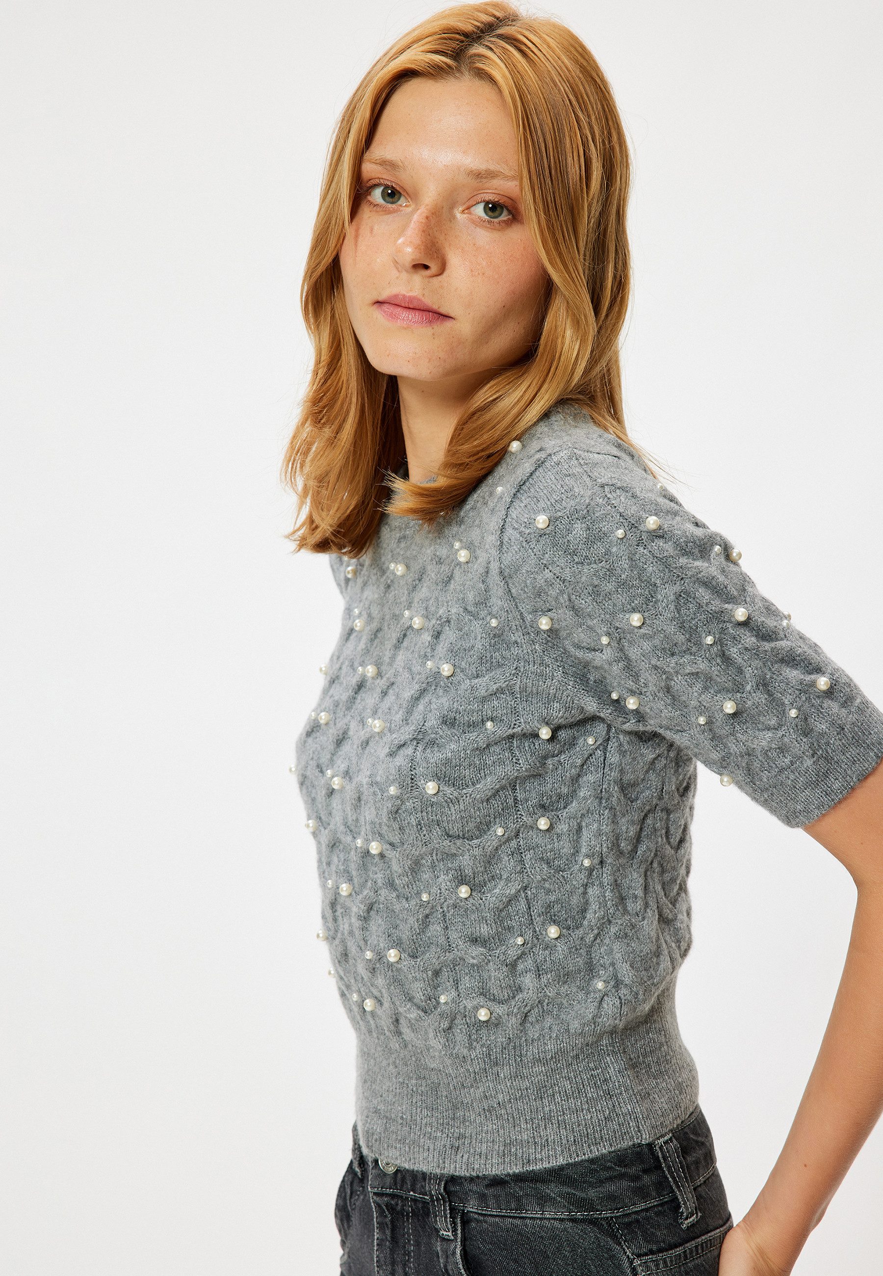 Kurzarmpullover Rundhalsausschnitt Mit Steindetails