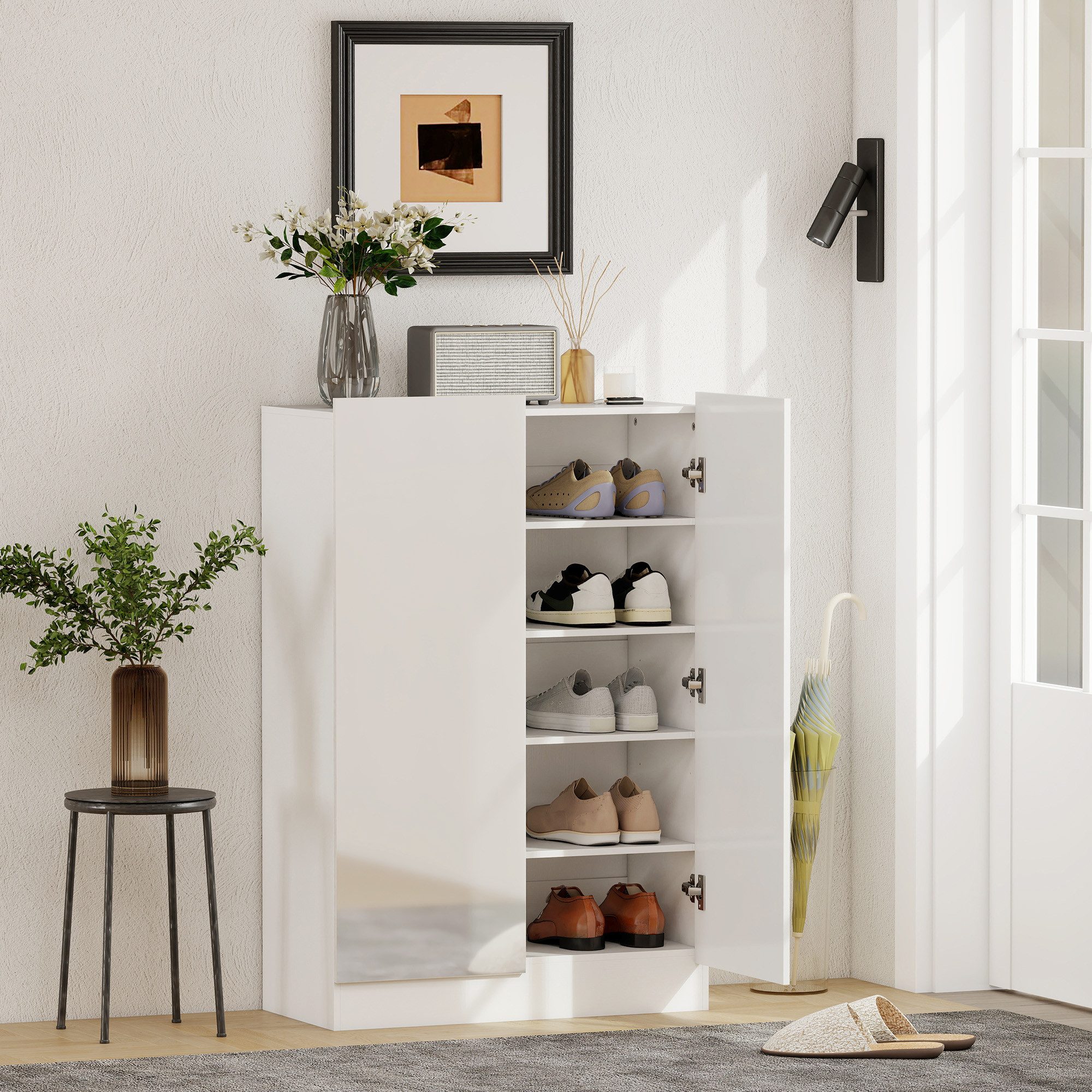 HOMCOM Schuhschrank Schuhregal mit Belüftungslöchern, Hochglanztüren und Soft-Close (Schuhkommode, 1-St., Schuhaufbewahrung) verstellbare Regale, Weiß