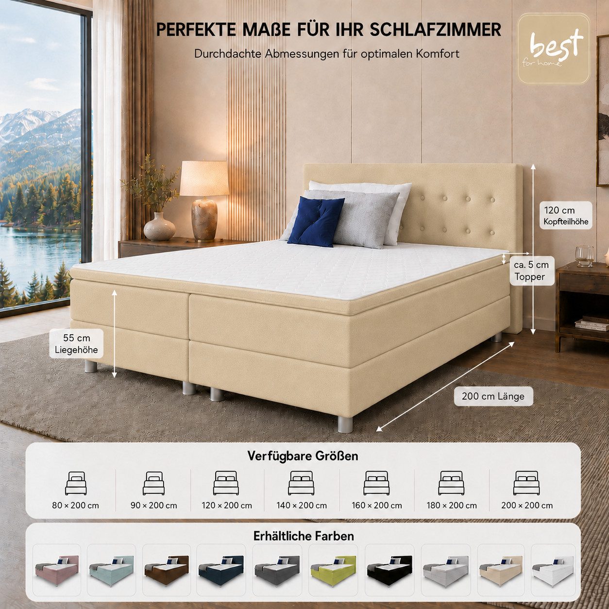 Best for Home Boxspringbett mit gepolstertem Kopfteil, komfortabler Bonnell-Matratze & 5 cm Topper (Boxspringbett-Set mit Matratze und Topper, 1-St., 90x200 120 – Bild 3 von 5
