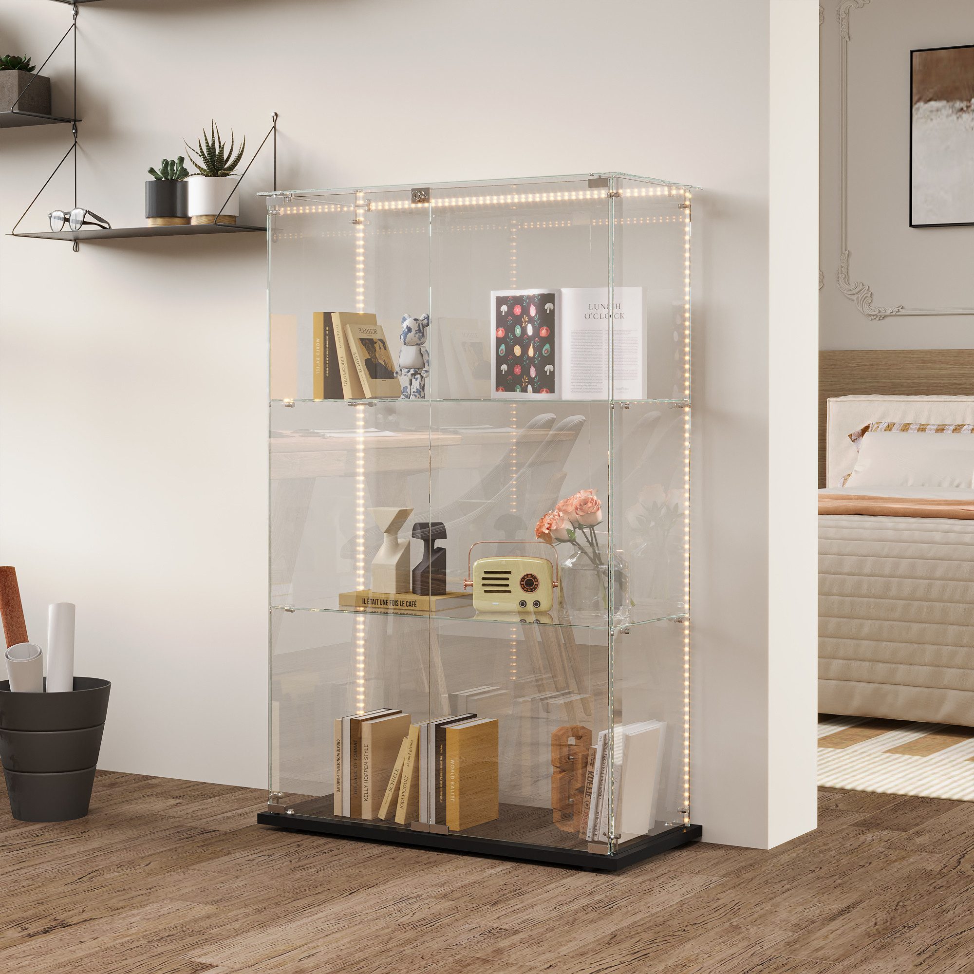 FUROKOY Glasvitrine Standvitrinen, Vitrine aus gehärtetem Glas (Set, 1-St., Vitrinenschrank mit 2 Glastür und Lichtleiste für Sammler, Bücher) Schwarz 3 Lagen Sammlervitrine