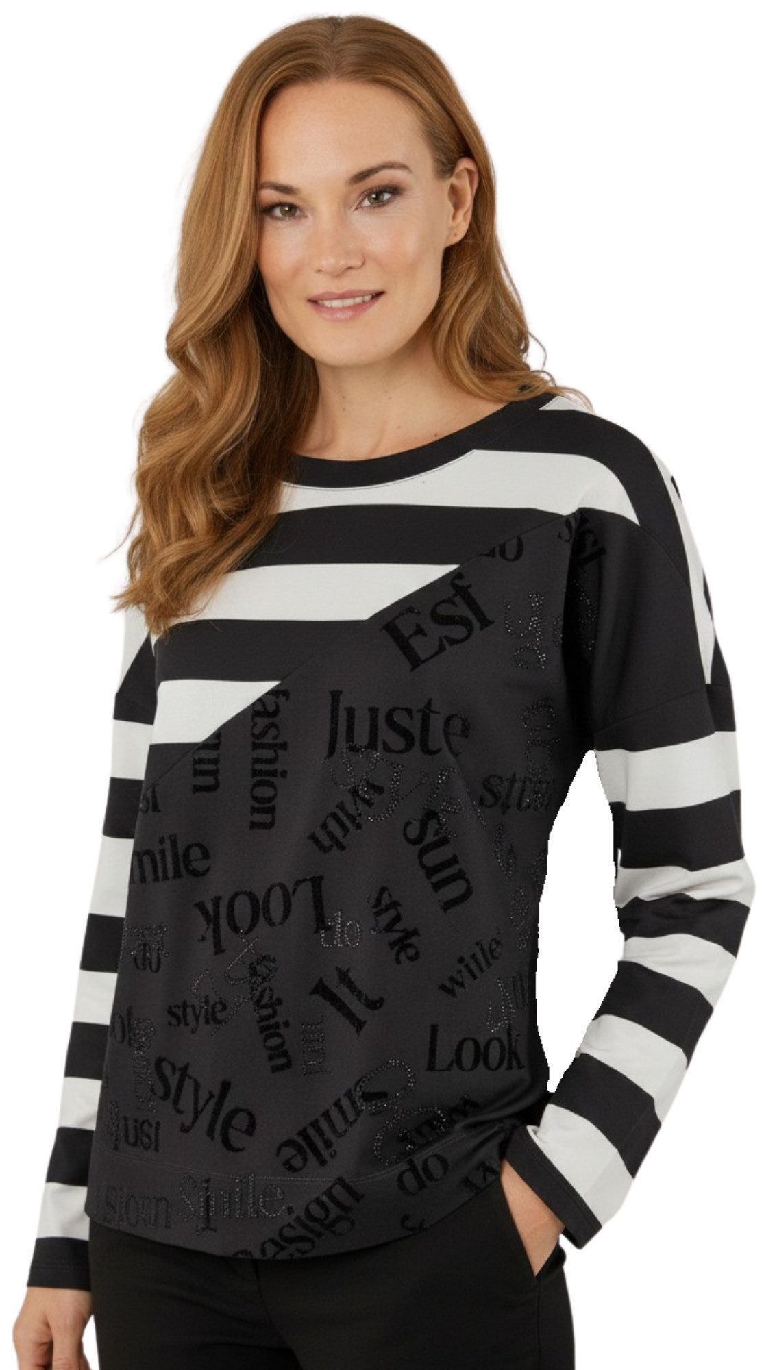 Estefania for woman Rundhalspullover 196-7103, gestreift mit Flock und Strass Flockprint mit Strassbesatz