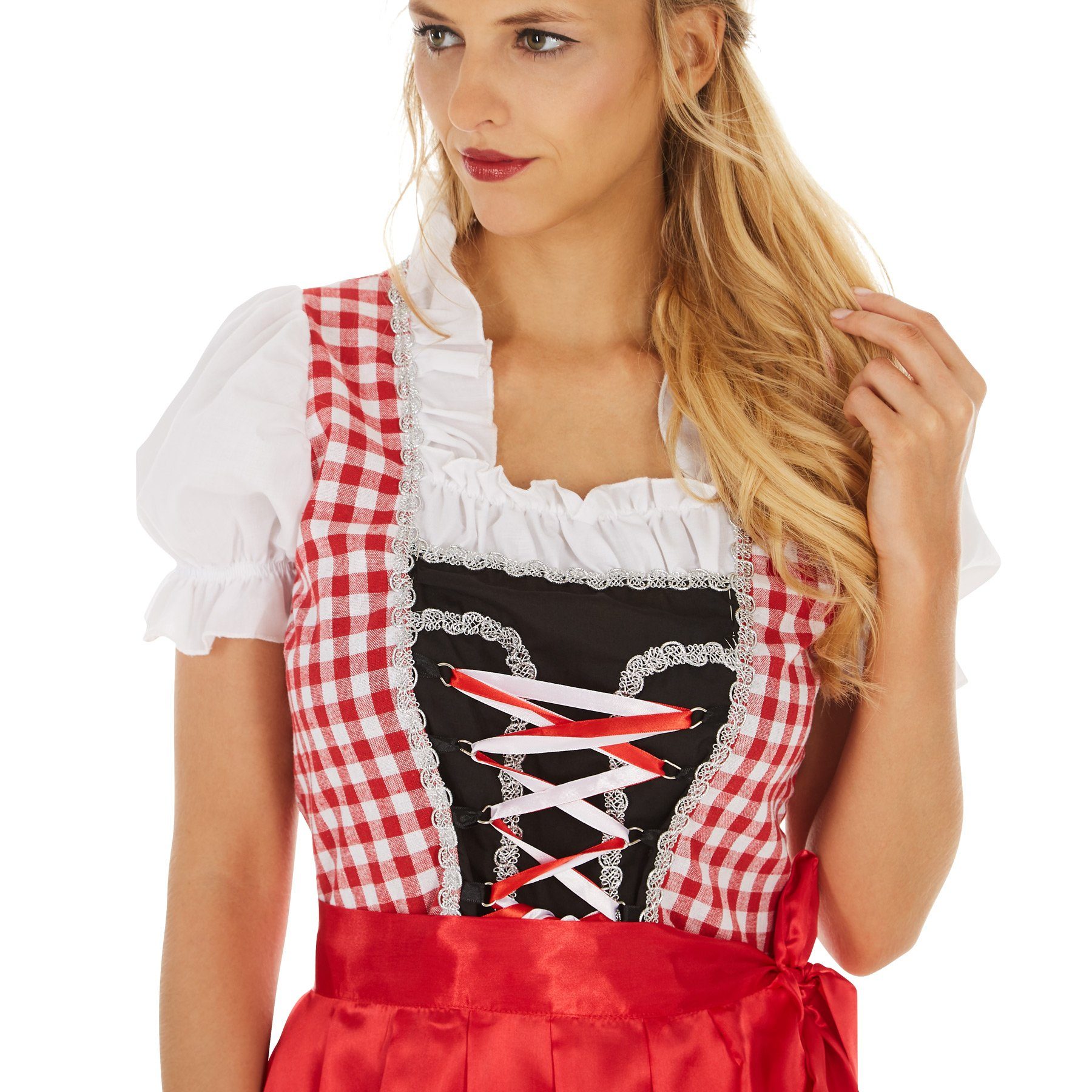 dressforfun Kostüm Frauenkostüm Dirndl Wiesn Madl Modell 2, Tailliert geschnittenes, kurzes Dirndl in traditioneller Optik