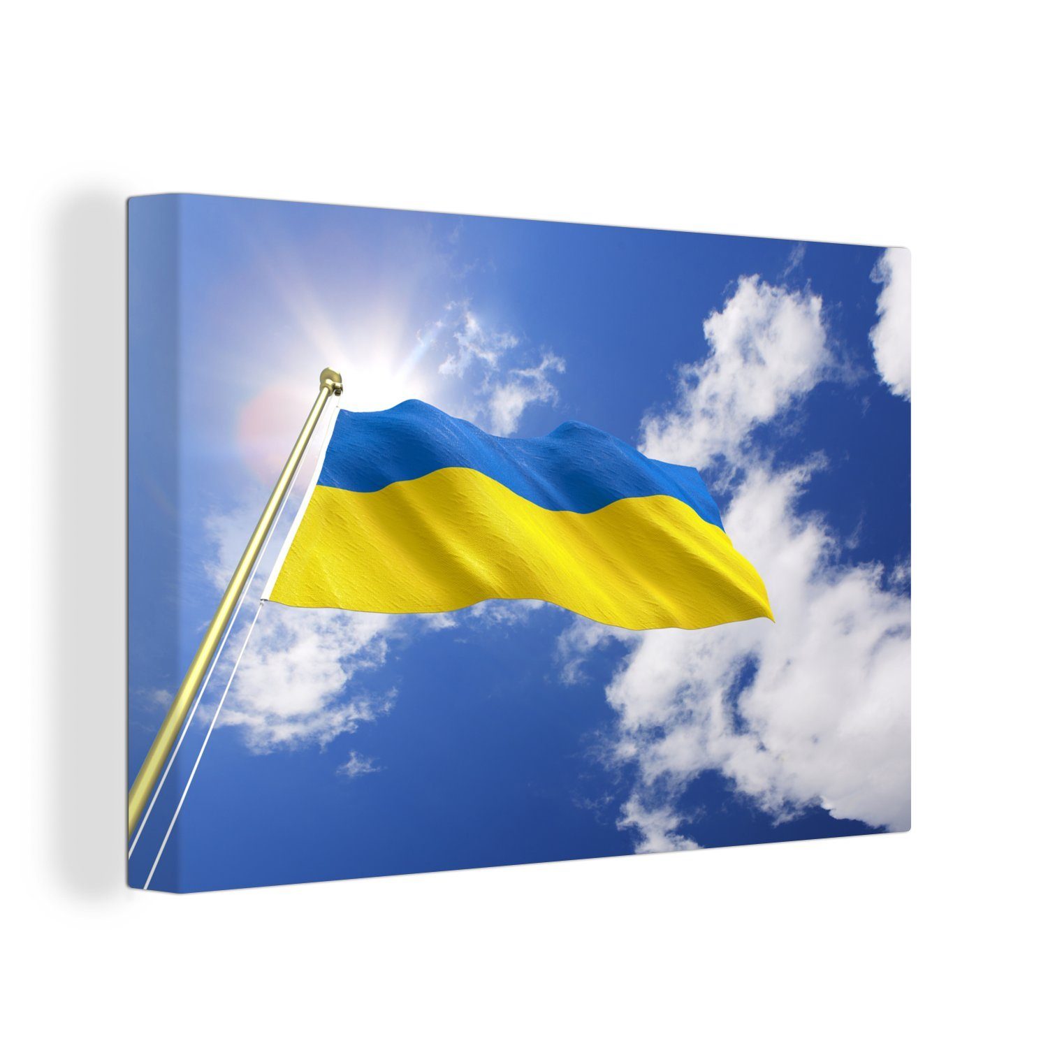 alle cm (1 einem Ukraine an Leinwandbild sonnigen St), OneMillionCanvasses® Nachmittag, 120x80 großes, XXL, für Flagge Gemälde, Wohnbereiche, Wandbild der