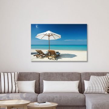 WallSpirit Leinwandbild Strand mit Liegestühlen - XXL Wandbild, Leinwand geeignet für alle Wohnbereiche