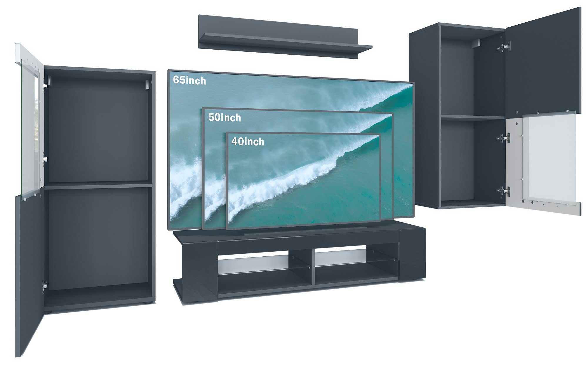 Vladon Wohnwand Movie, (Anbauwand, bestehend aus 1 TV-Board, 2 Vitrinen und 1 Regal), Schwarz matt/Schwarz matt/Bordeaux Hochglanz (Gesamt: 300x190x39 cm)