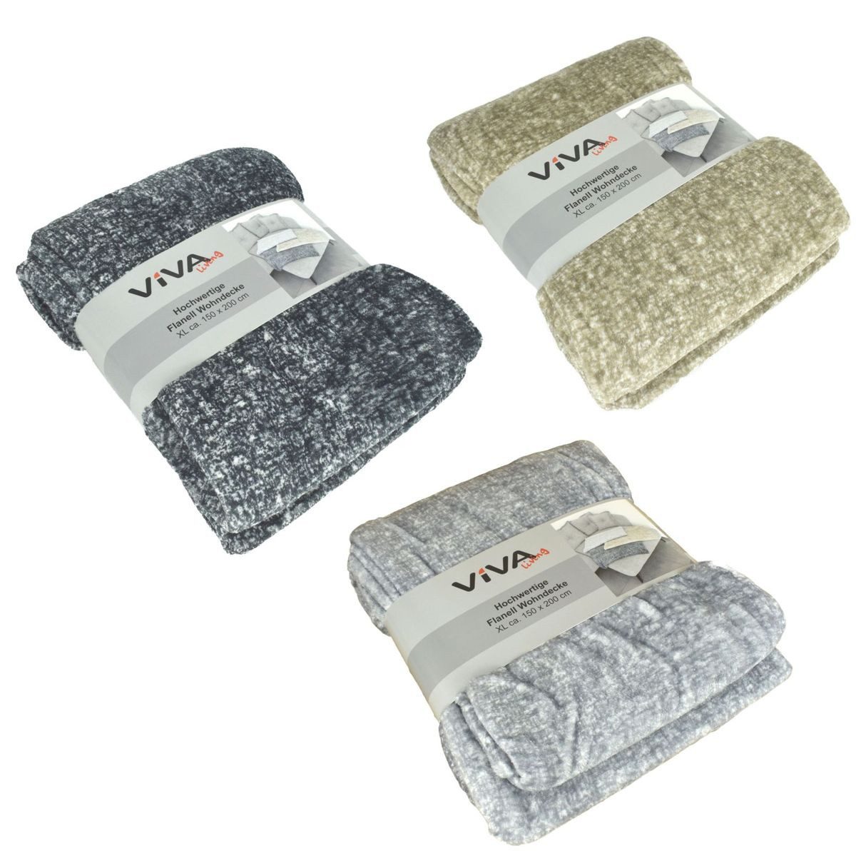 Wohndecke Kuscheldecke Flanell XL ca. 150x200 cm meliert 3 Farben Wohndecke, VIVA, extra weich