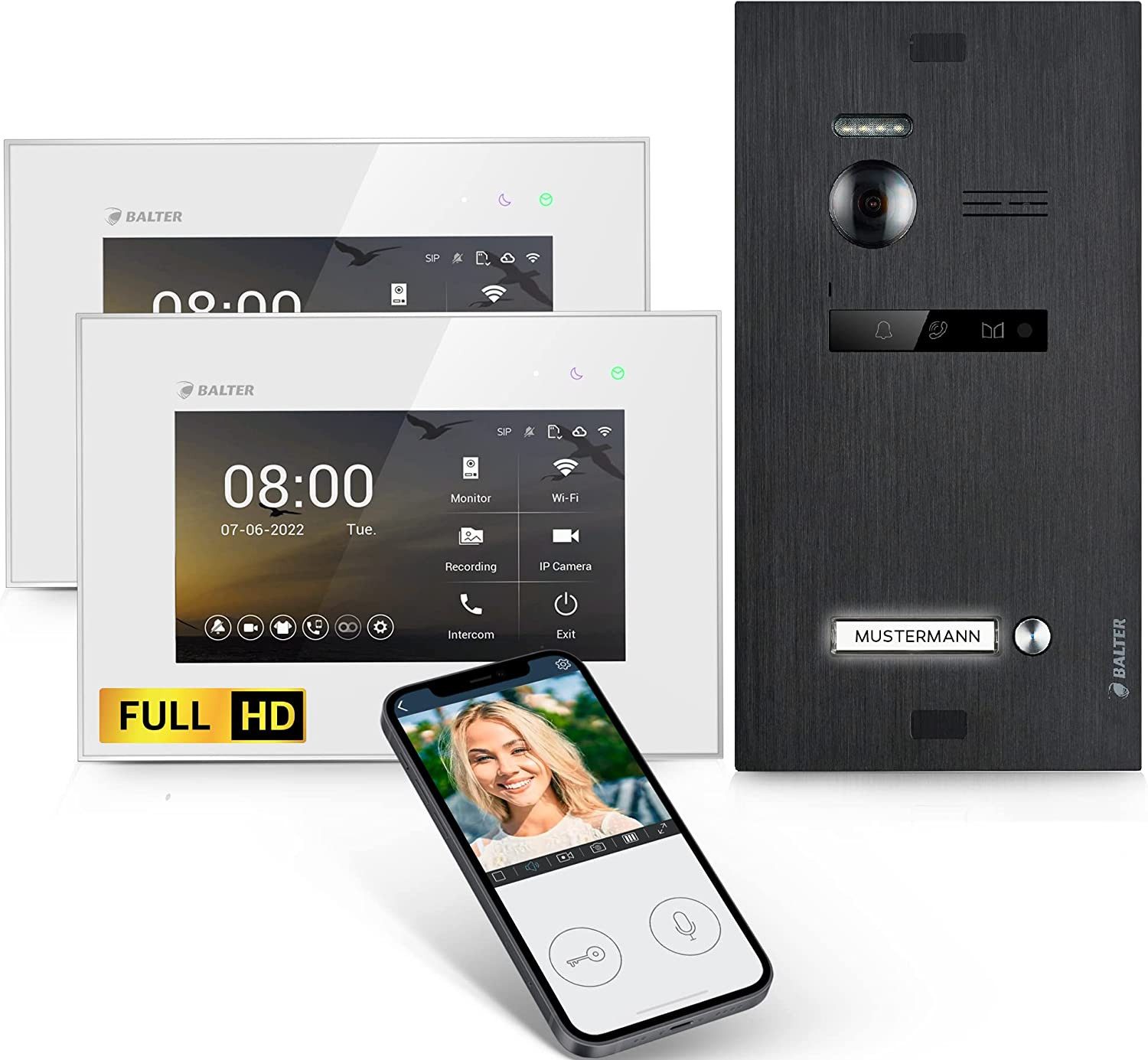 Balter Video-Türsprechanlage EVO HD mit App für 1 Familienhaus, 2x Monitor Full HD 2-Draht Schwarz (Komplettset, 2-tlg., Full HD Kamera, WLAN, App Funktion, Interkom, Videokommunikation)
