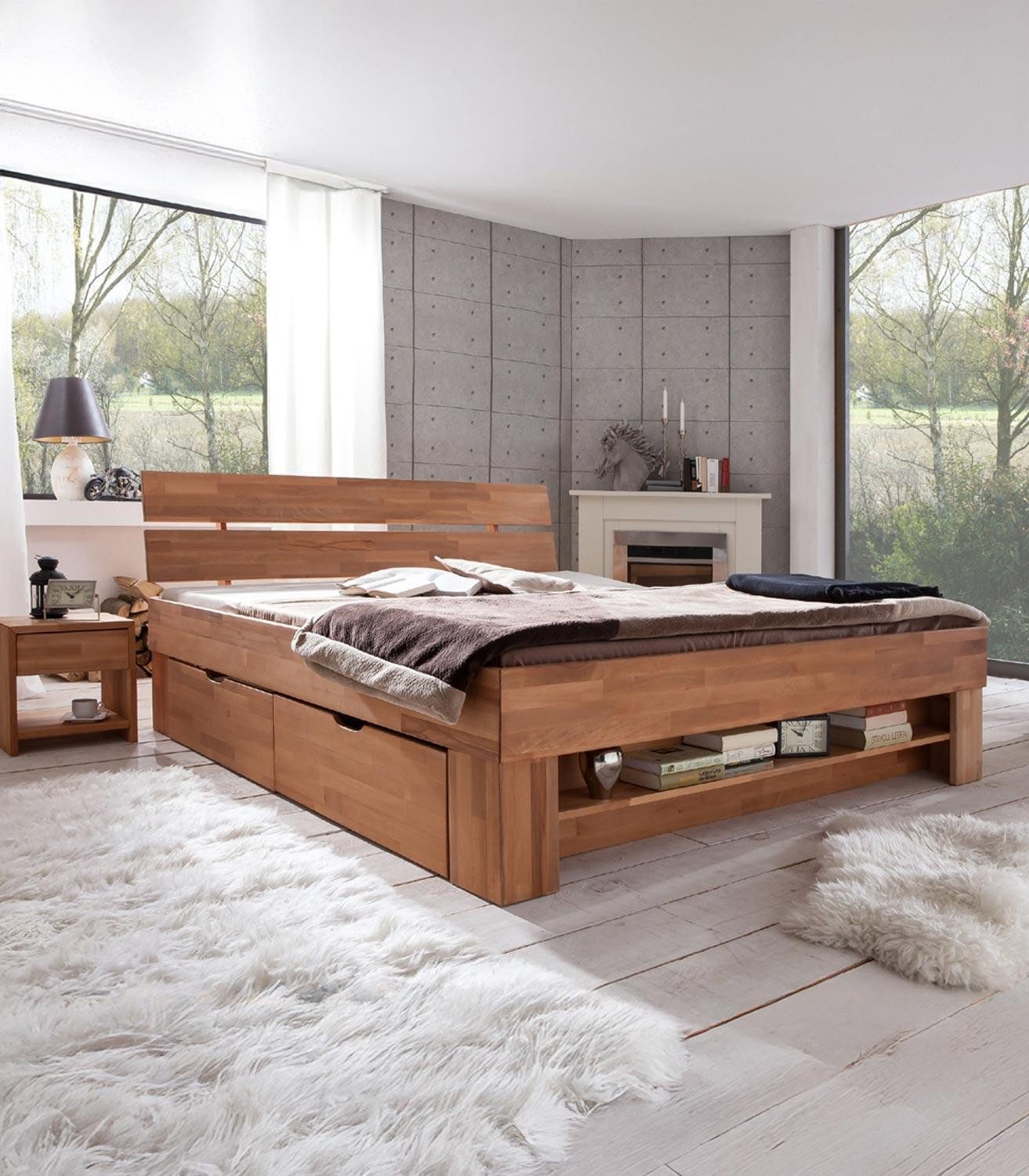 ELFO Bettgestell SOFIE, Kernbuche massiv geölt, 140 x 200 cm, mit 4 Schubladen