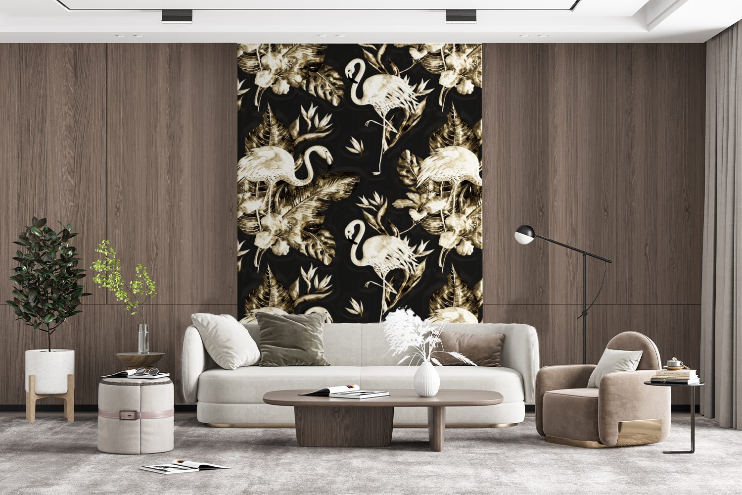 MuchoWow Fototapete Blumen - Gold Montagefertig Wohnzimmer, Flamingo, (3 Tapete - bedruckt, Wandtapete Vinyl für St), Matt