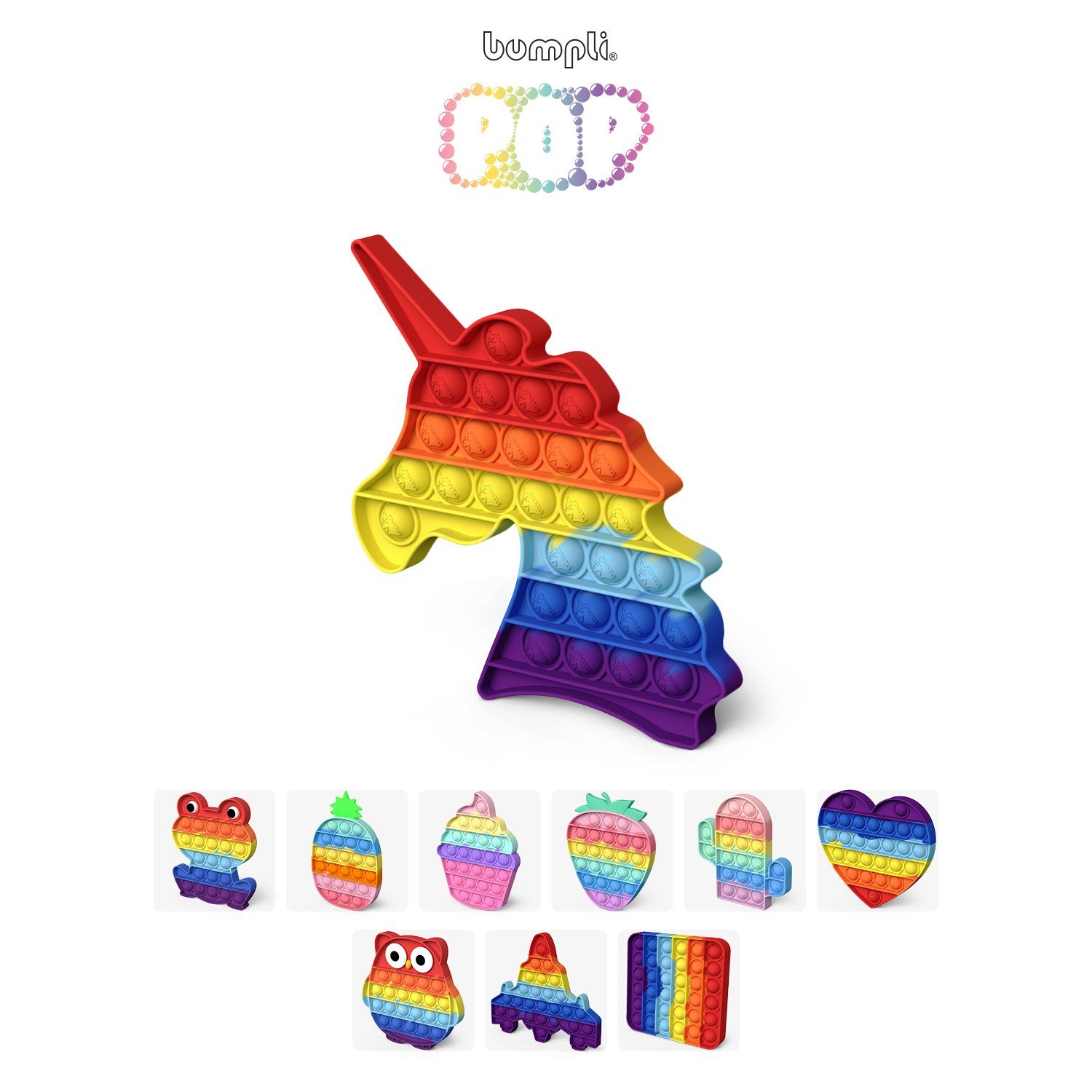 bumpli® Lernspielzeug POP IT Fidget Anti Stress Spielzeug, Montessori Sensorisches Spielzeug, BPA - frei, Robust & einfach zu reinigen Einhorn Regenbogen