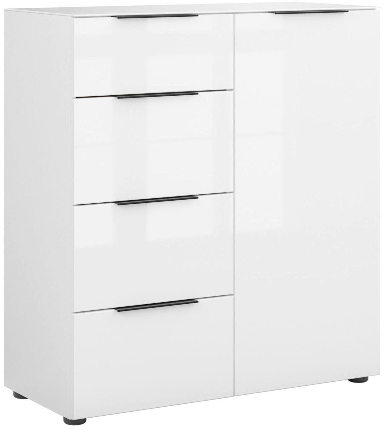 Manjana Möbel Highboard mit Chrom oder Schwarz matten Metallgriffen & Glasfront, Soft-Close, melaminbeschichteter Korpus, mit Vollauszug, Made in Germany