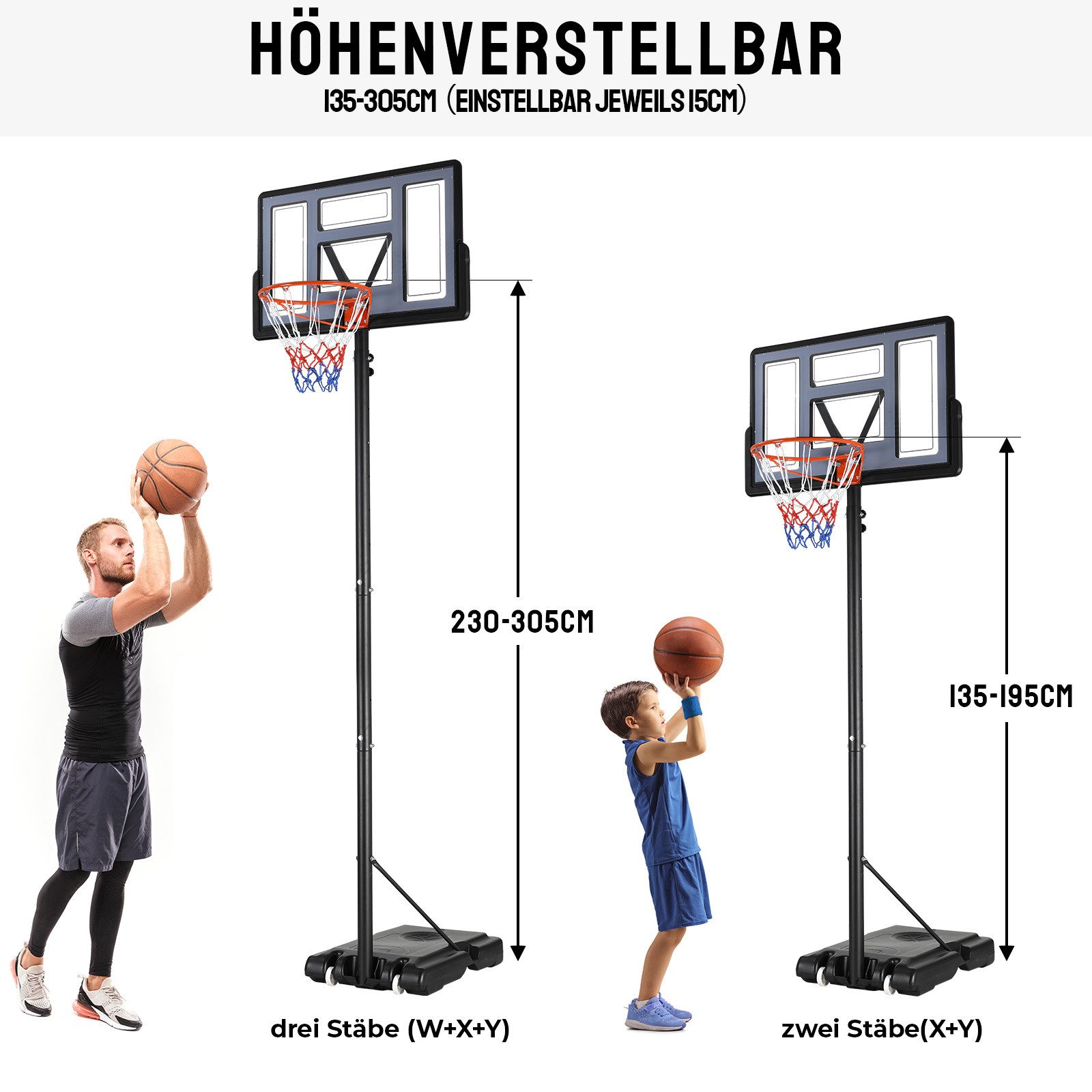 TLGREEN Basketballkorb Outdoor-Basketballkorb, (Korbhöhe Verstellbar von 135 bis 305 cm, mit 110 x 71 cm Rückwand)