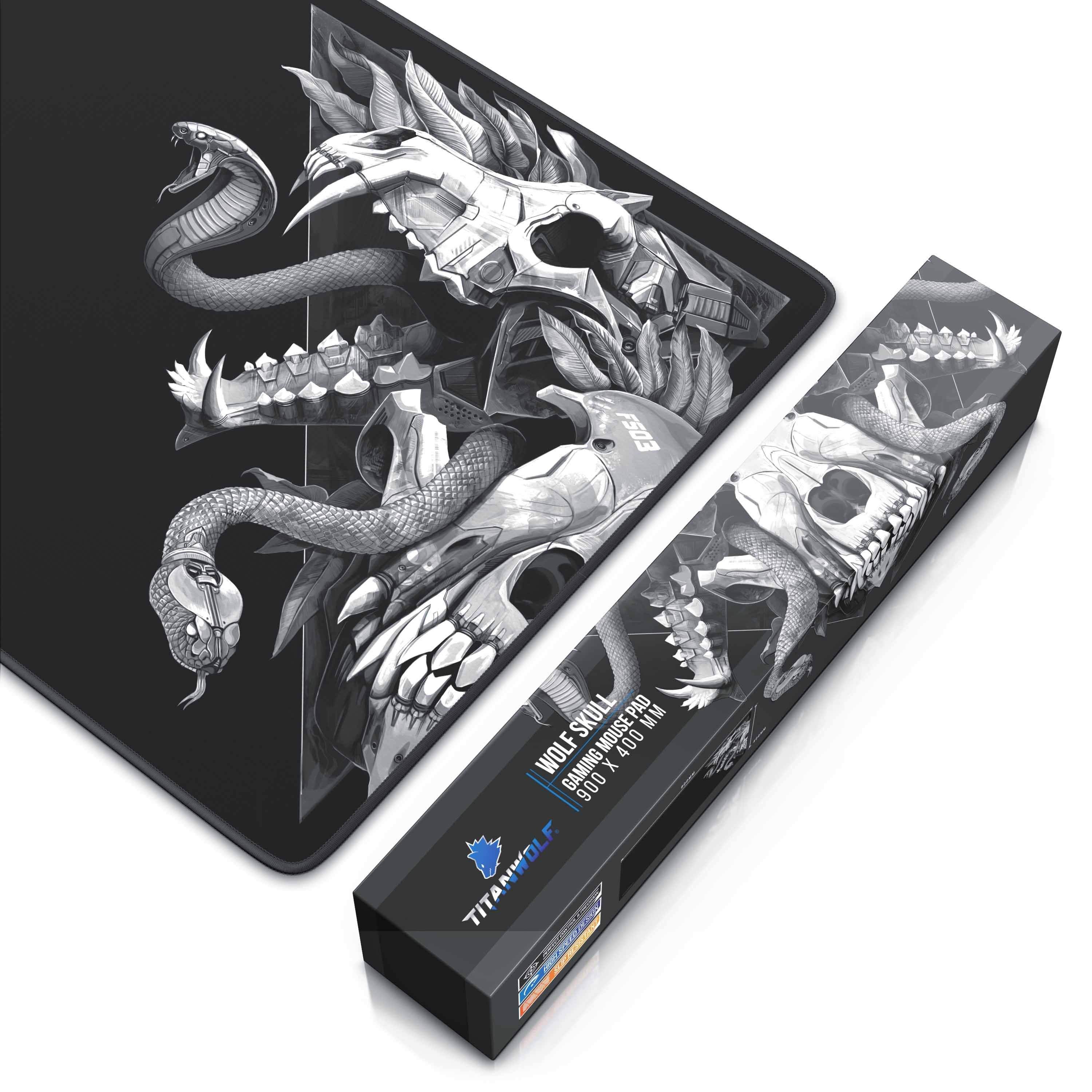 Titanwolf Gaming Mauspad XXL Speed Mousepad 900 x 400 x 3 mm, große Tischunterlage, rutschfest, abwaschbar, Geschwindigkeit & Präzision, Wolf Skull