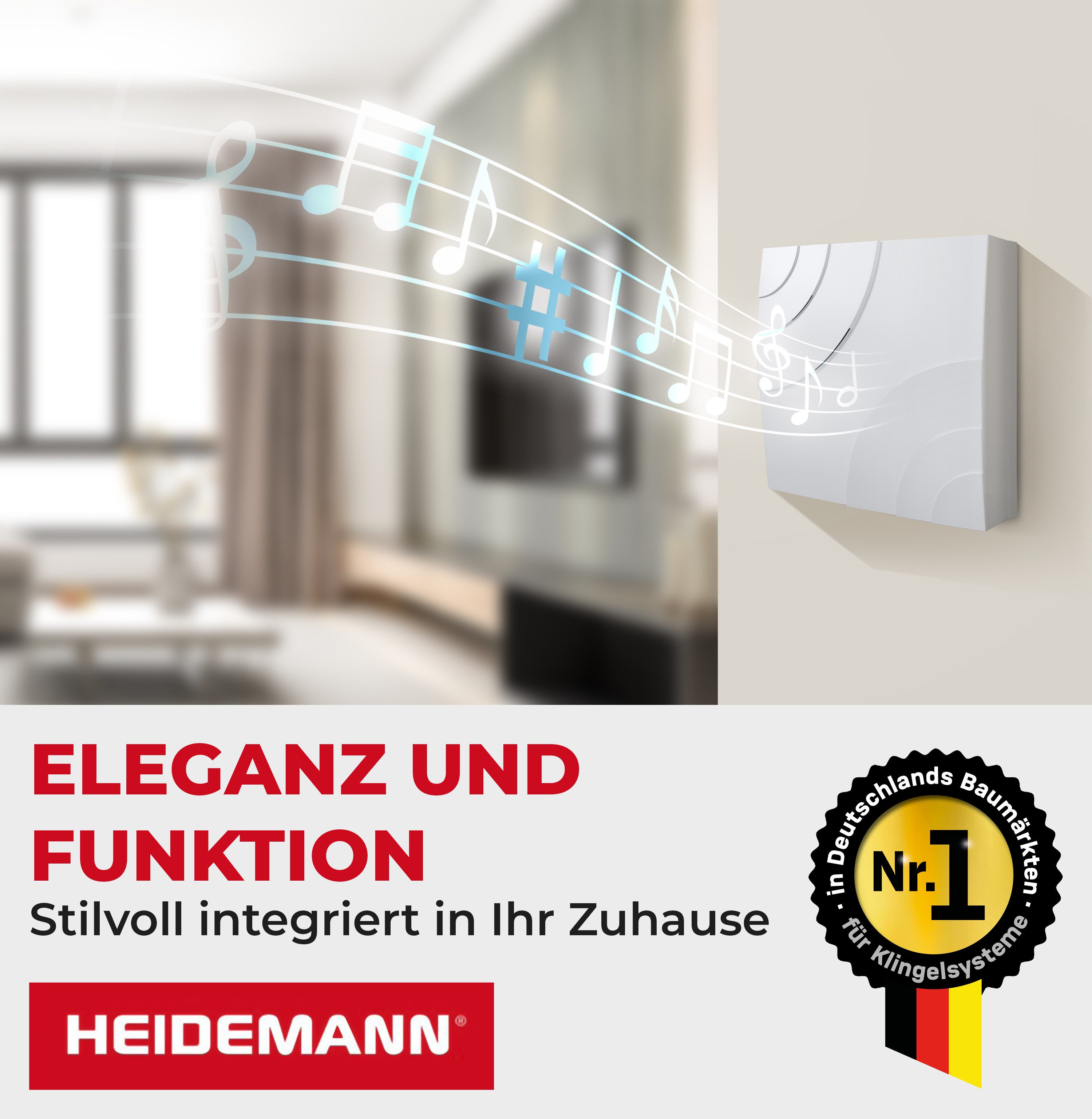 Heidemann Türklingel-Set Heidemann Mehrklang-Gong Quarter reinweiß, 1 Empfänger, 8 Klingeltöne, (1-tlg), HX®-kompatibel, Starkes LED-Signal, 8 Melodien, 4 Lautstärkestufen