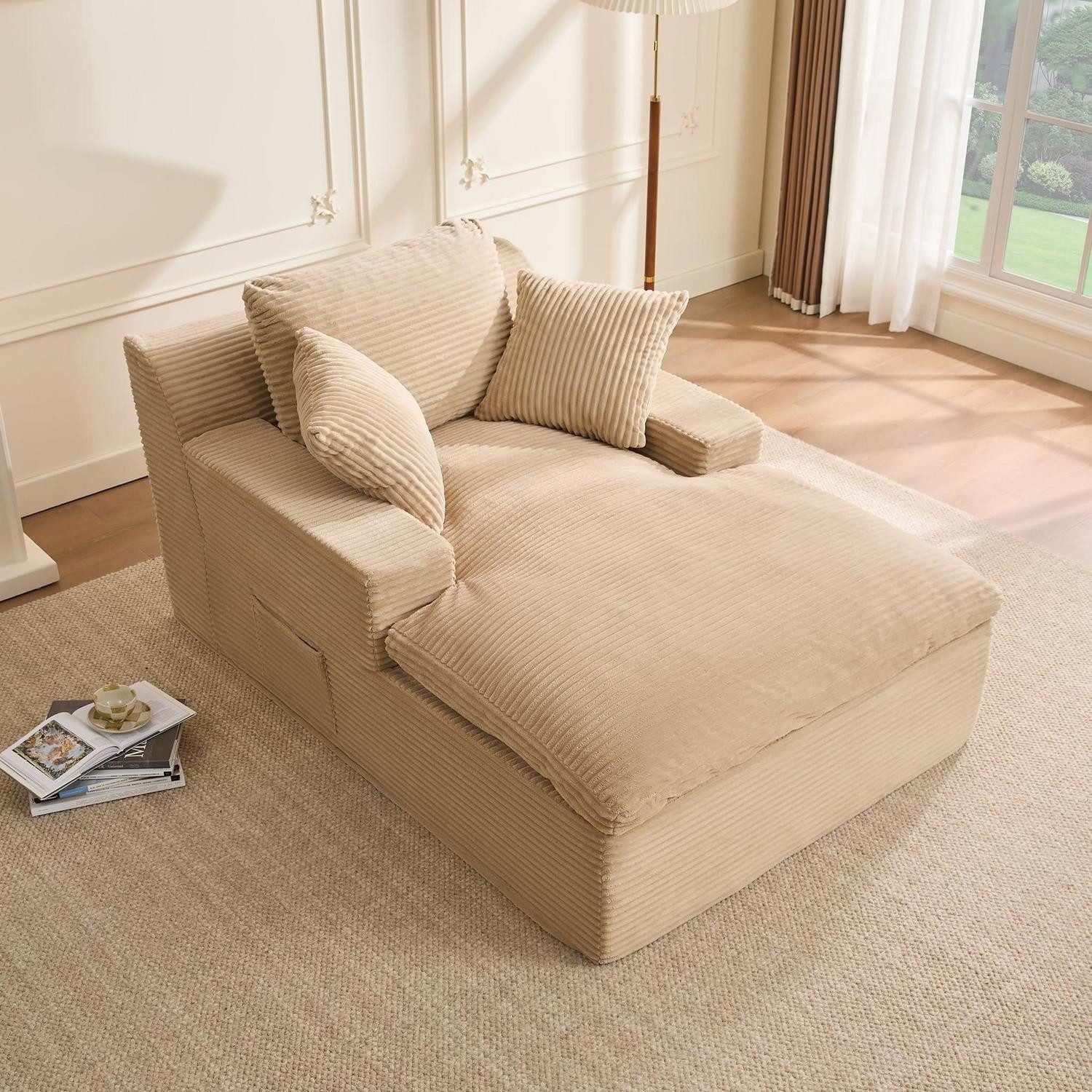 LuxusKollektion Chaiselongue Chaiselongue Schlafsofa Schlaffunktion Loungesofa Armlehnen Hellbraun