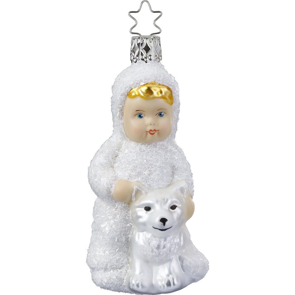 INGE-GLAS® Christbaumspitze, Christbaumschmuck Schneekind mit Hund Glas 10.5cm weiß, 1 Stück