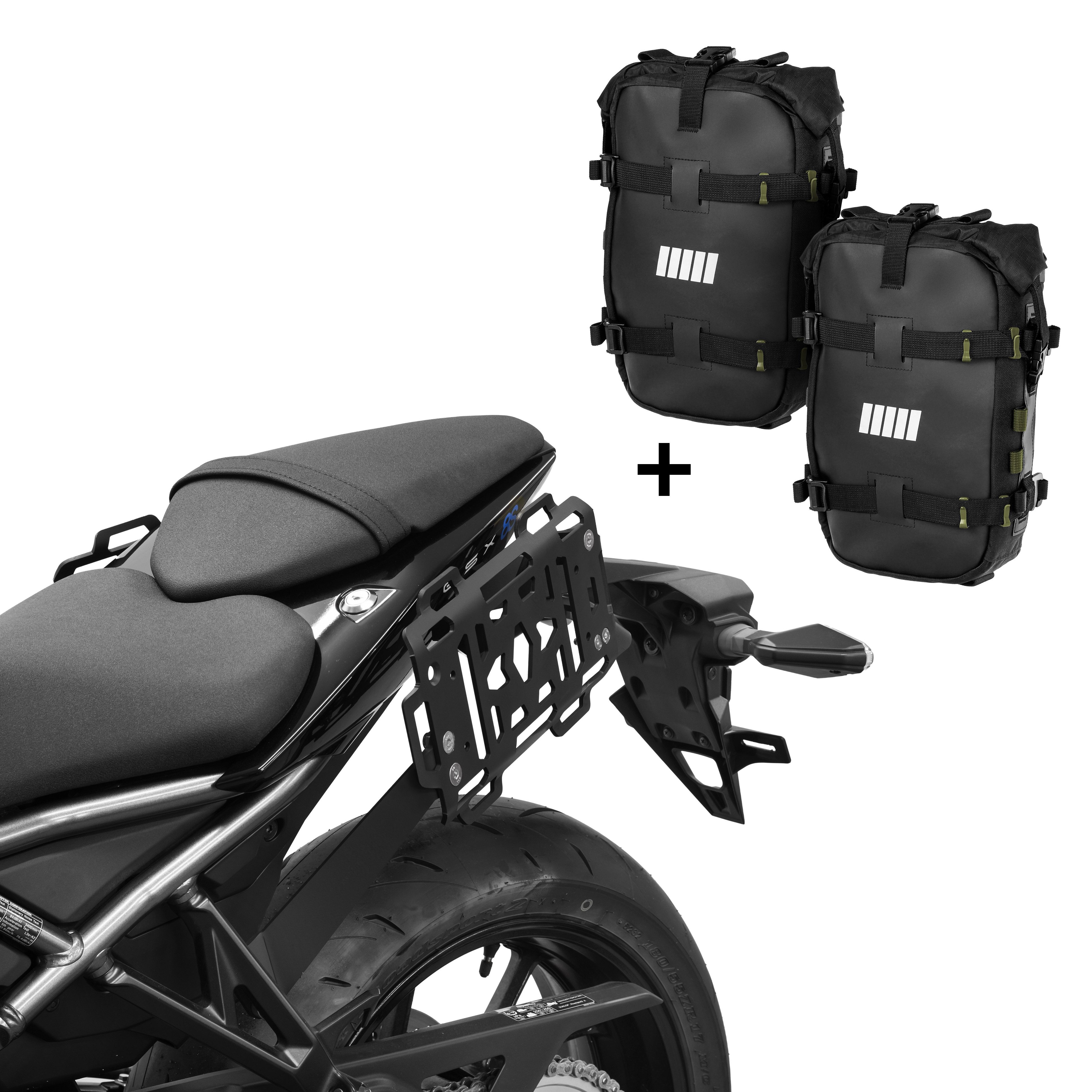 ZIEGER Fahrrad-Gepäckträger Gepäckset: 2× Bumberbag S + Seitenträger passend für Suzuki GSX-8S